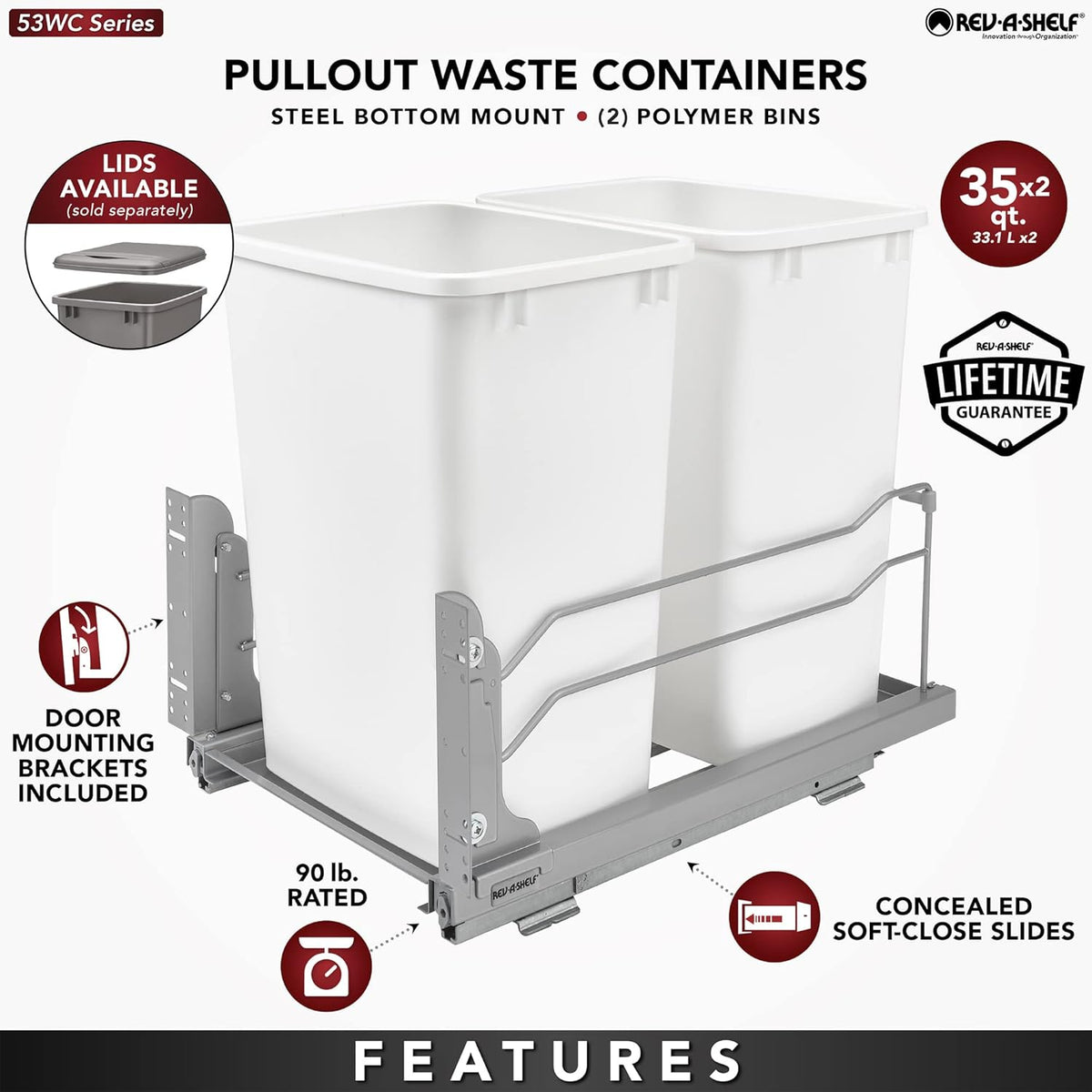 Rev-A-Shelf Double Pullout Trash Cans for Under Kitchen Cabinets 35 Quart 8.75 Gallon with