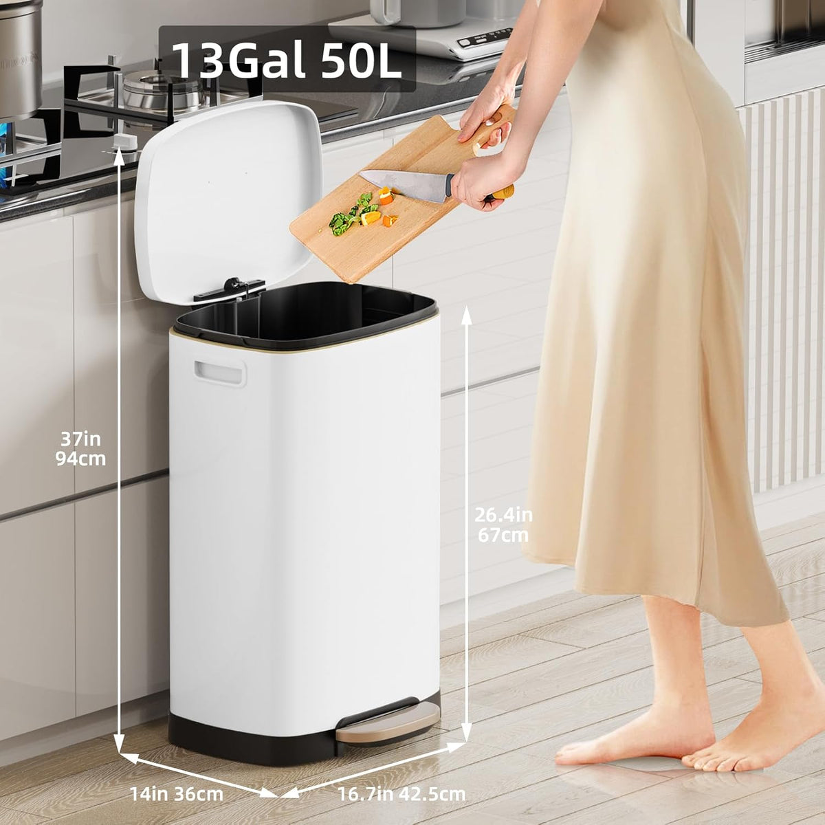 KUK 13 Gallon Kitchen Trash Can with Lid, 50L/13Gal Office Step Garbage Can for Home, Kitchen