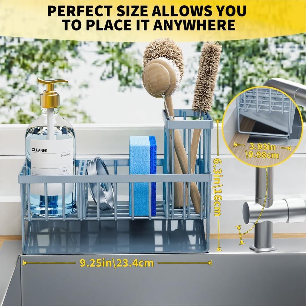 Cisily Sink Caddy Organzier with High Brush Holder, Sponge Holder for Sink, 304 Rustproof