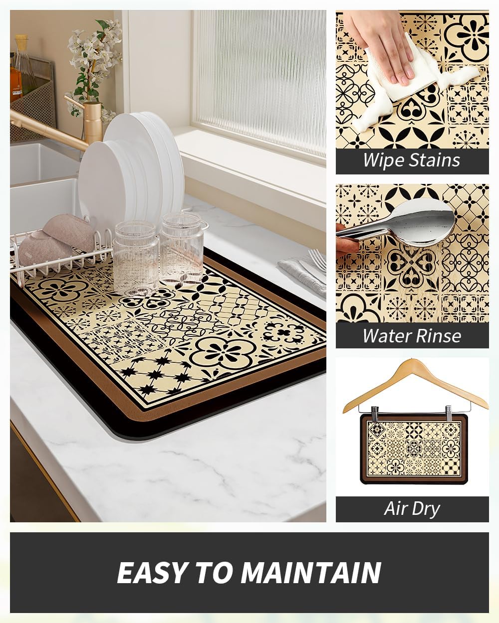 AMOAMI Coffee Mat Hide Stain Rubber Backed Absorbent Dish Drying Mat for Kitchen Counter - Fits