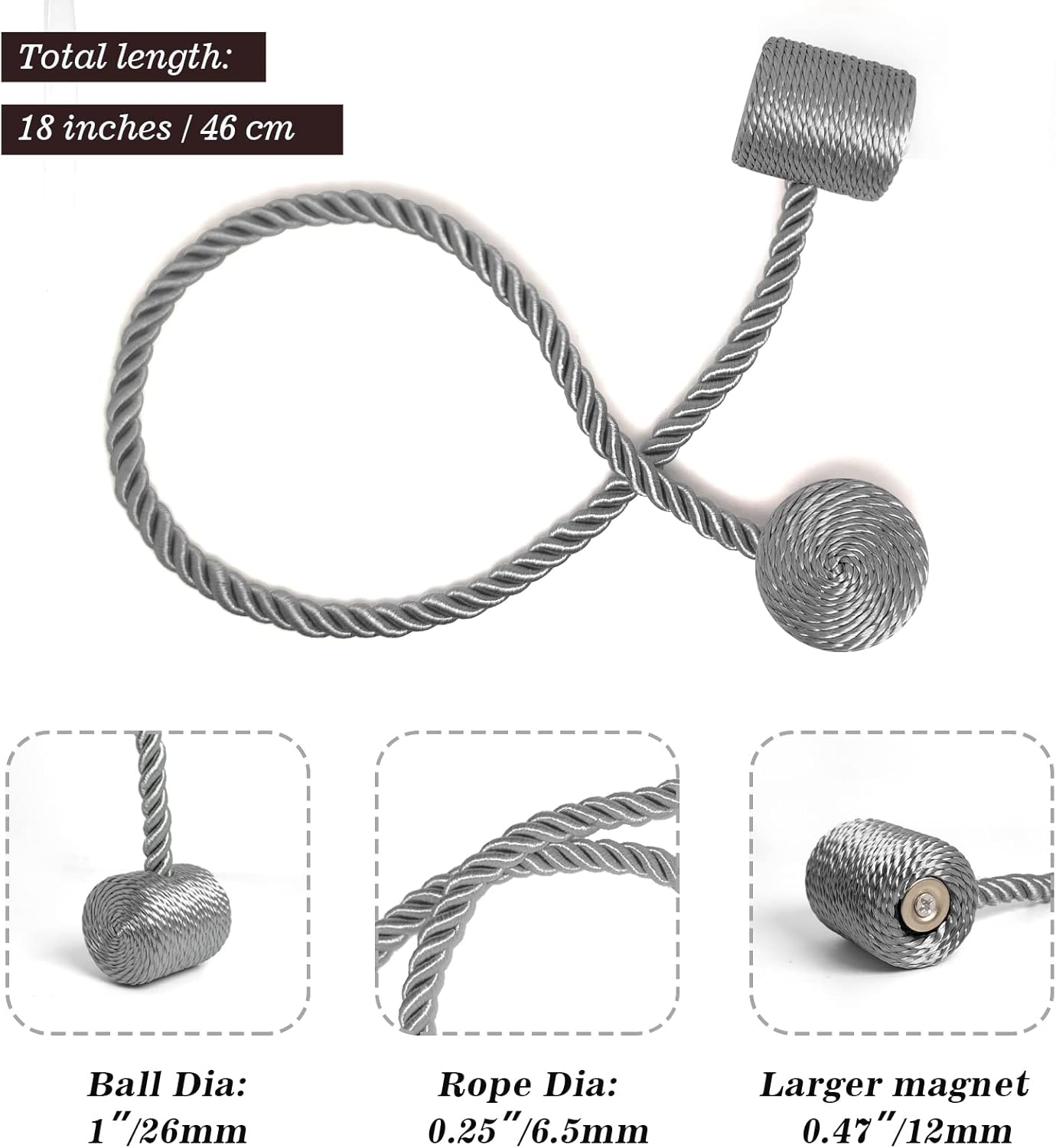 Hion Magnetic Curtain Tiebacks Grey 2pcs, Curtain Tiebacks Buckles Holdbacks Holders Hooks Clip for