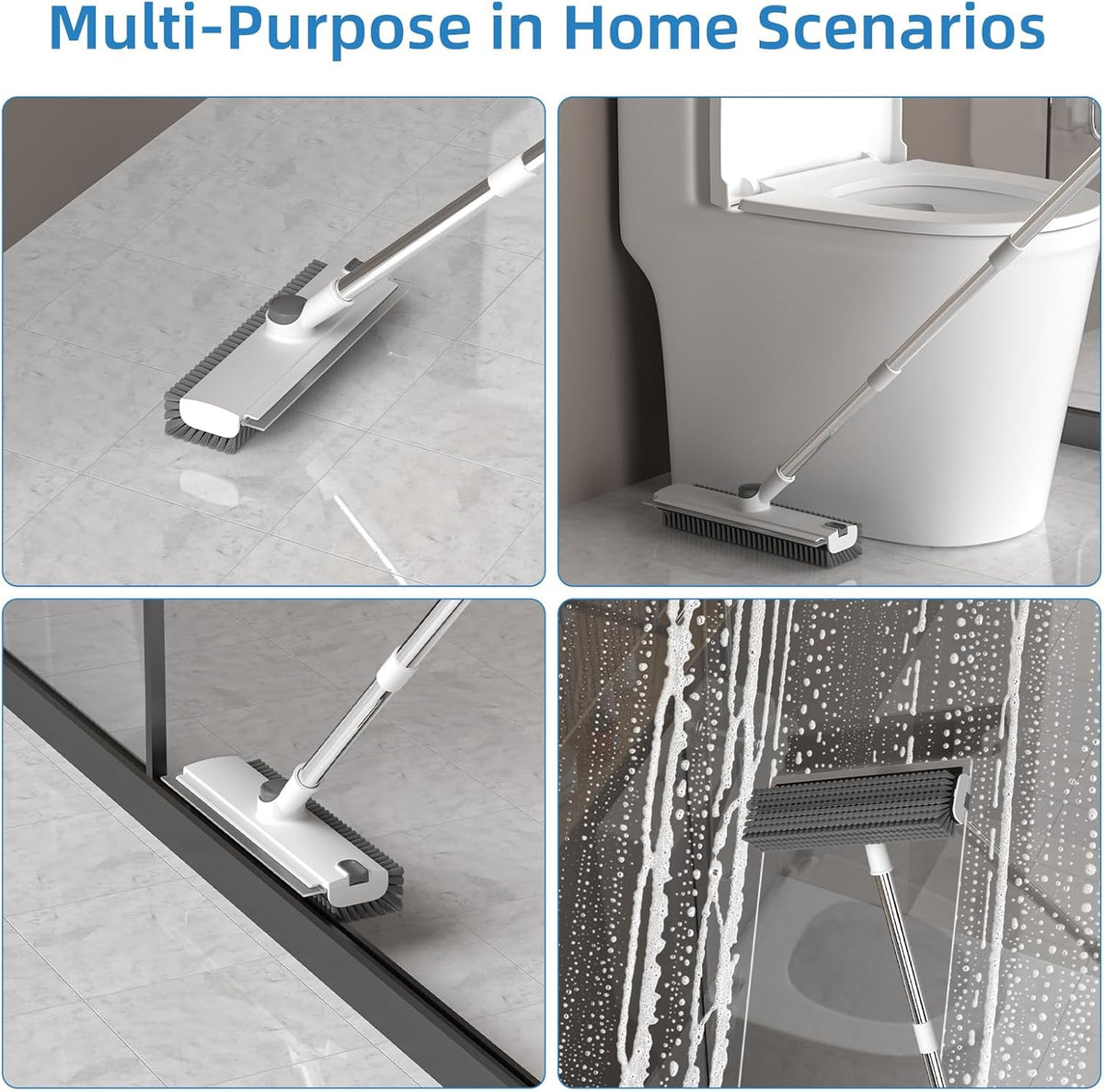 Scrub Brush with Long Handle, Floor Scrub Brush Squeegee Broom for Cleaning, 3 in 1 Shower Scrubber