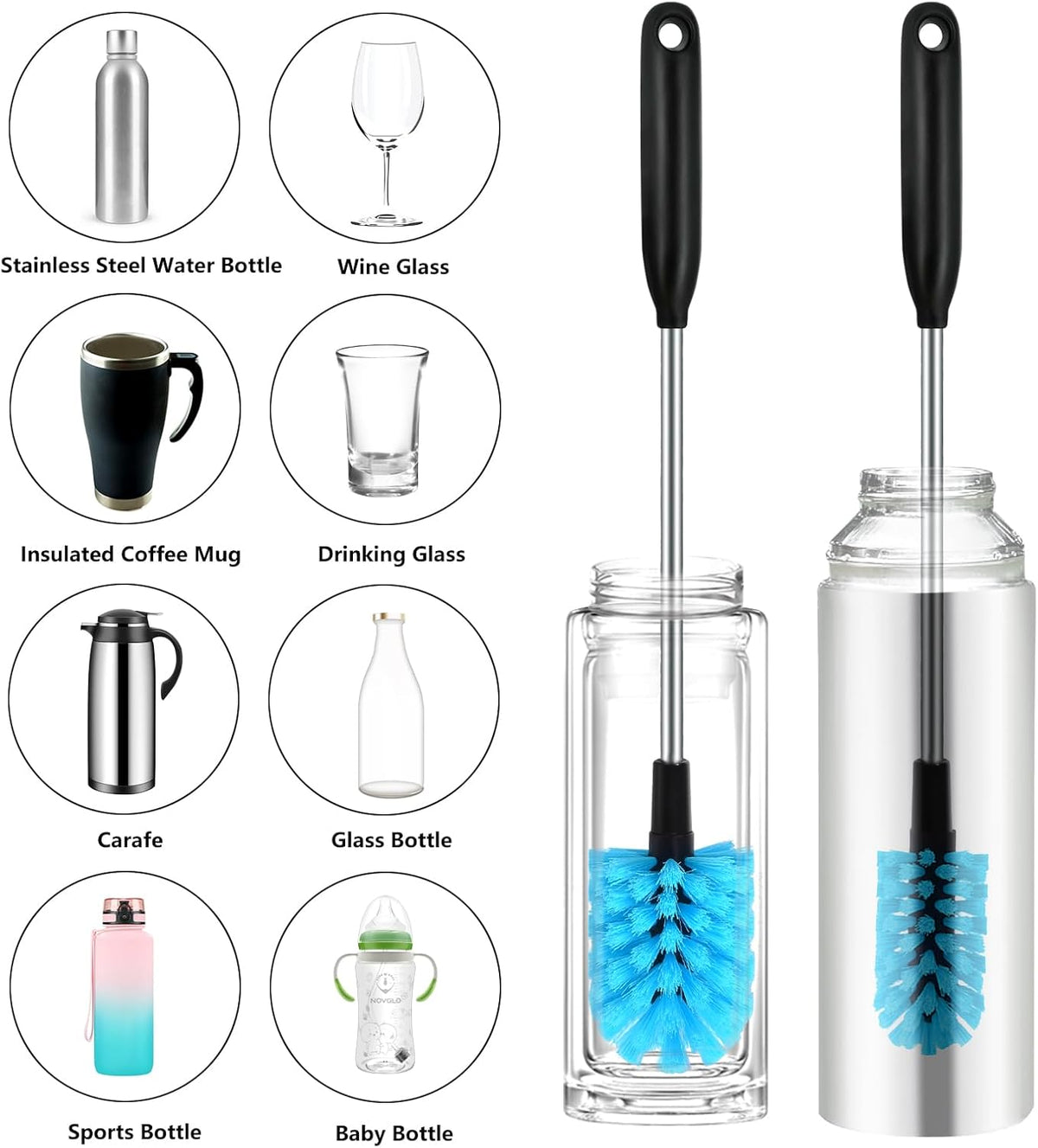 2-in-1 Stainless Steel Long Handled Water Bottle Brush, Multi-Purpose Bottle Scrubbing Brush, Soft