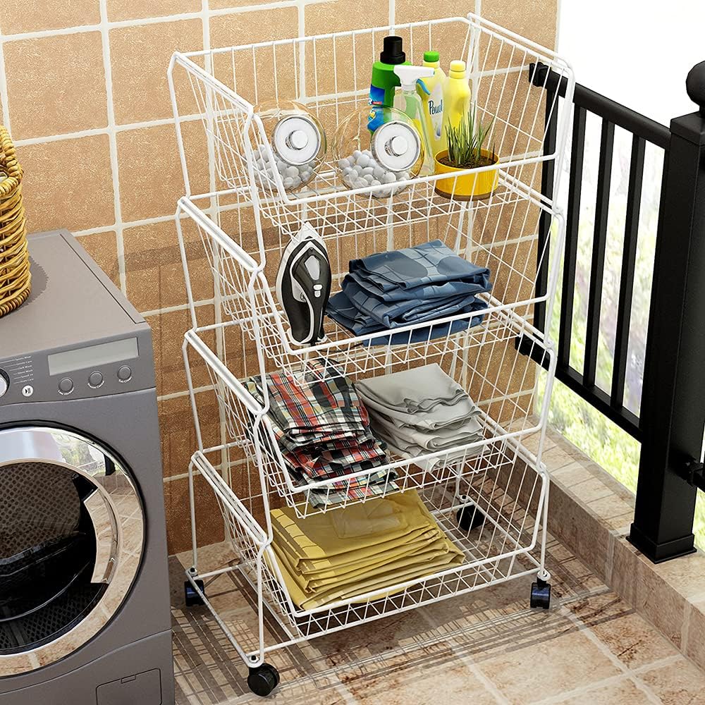 PUSDON Stackable Metal Storage Carts, Dual Use Shelf for Kitchen Fruit Vegetable Baskets with