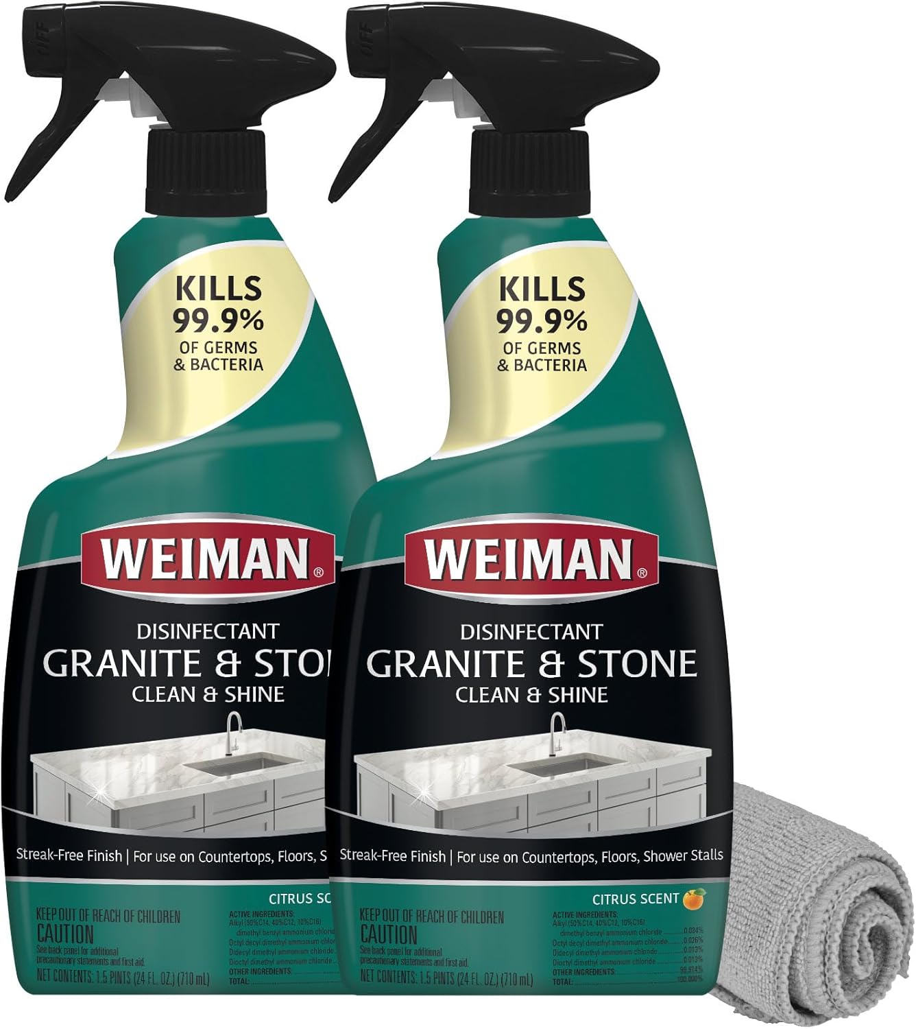 Weiman Disinfectant Granite Daily Clean & Shine (2 Pack with Polishing Cloth) Safely Clean