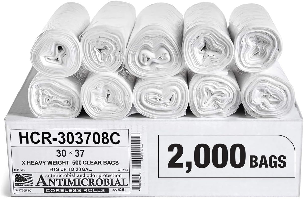 Aluf Plastics High Density Trash Bags, 30 Gallon, 2000 Count, 8 Micron (eq), 30" x 37", Clear, for