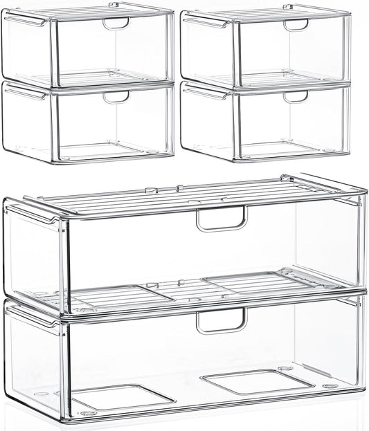 Acrylic Storage Drawers Set of 6, Clear Makeup Organizer, Plastic Organizer Bins for Beauty