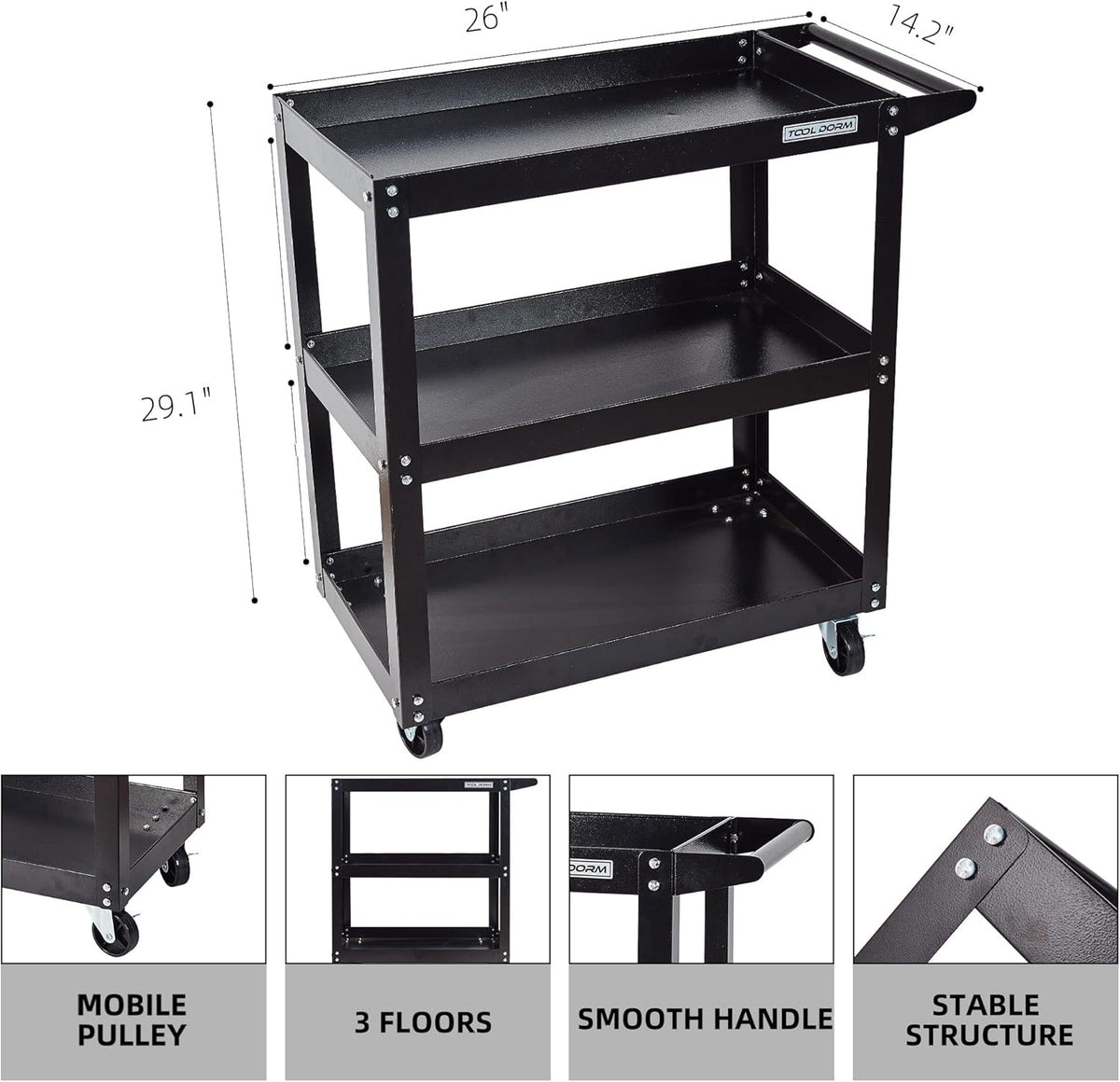 Utility Service Cart, 3 Shelf 200LBS Heavy Duty Steel Rolling Utility Cart, Medium Lipped Shelf