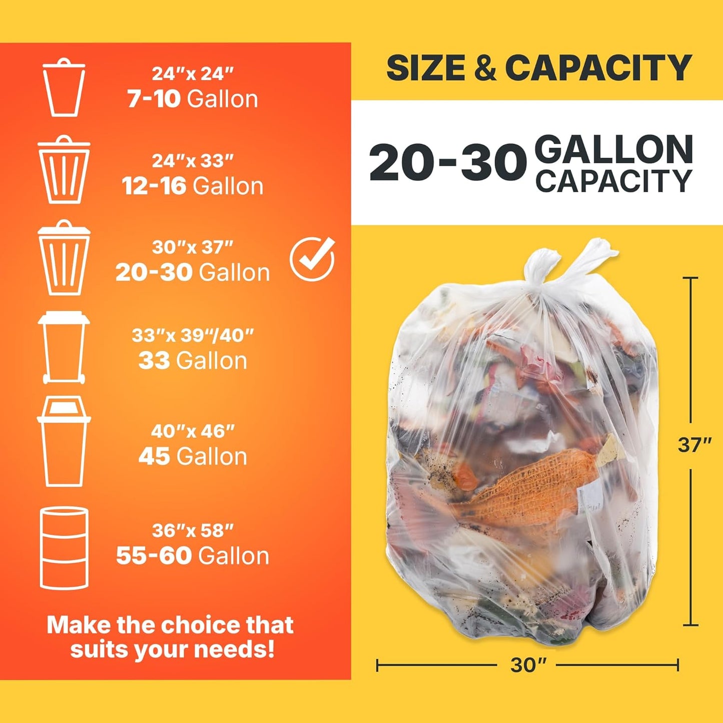 20-30 Gallon Trash Bags, 10 Micron High Density Garbage Can Liners Bulk, 30" x 37", Natural Clear