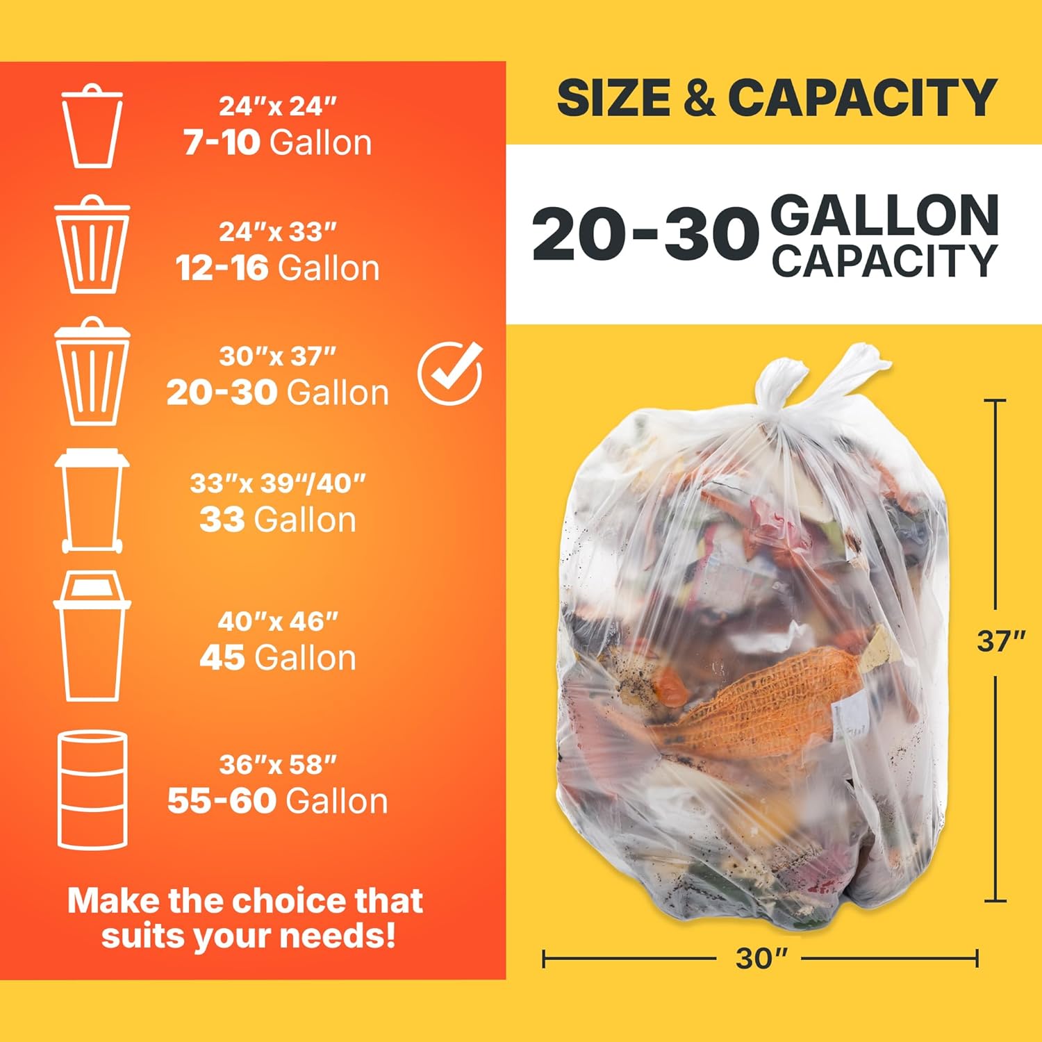 20-30 Gallon Trash Bags, 10 Micron High Density Garbage Can Liners Bulk, 30" x 37", Natural Clear
