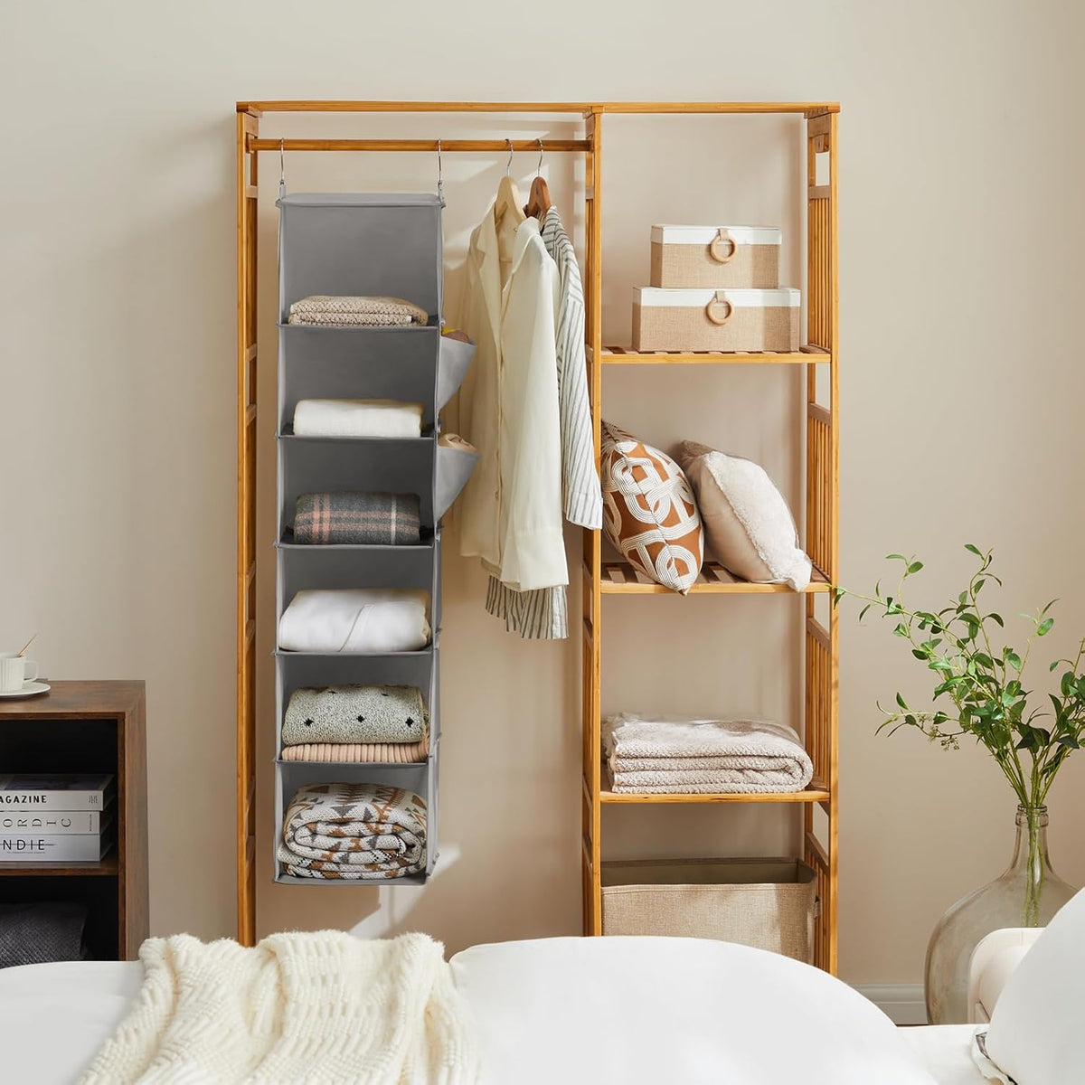 YOUDENOVA Hanging Closet Organizer and Storage, 6-Shelf Closet Hanging Shelves | Sturdy Bamboo