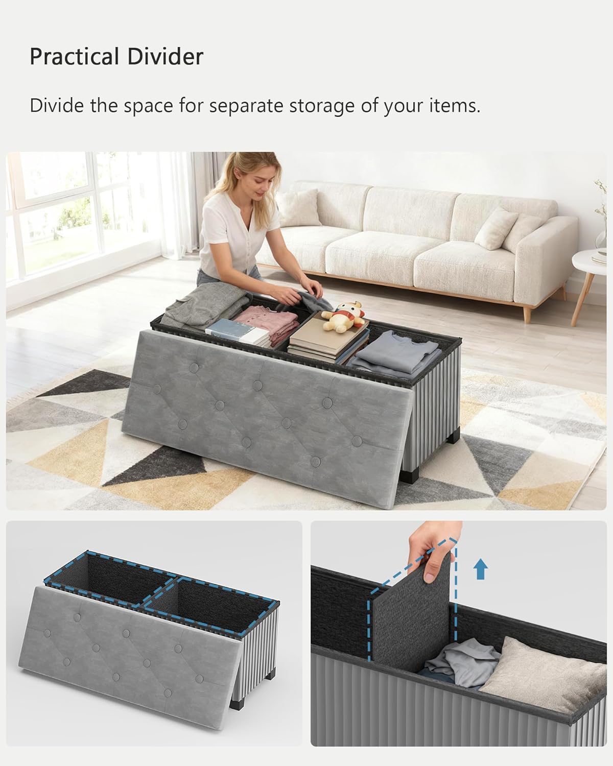 Storage Ottoman Bench, 43 Inch Foldable Ottoman with Legs, Velvet Foot Rest Stool, End of Bed