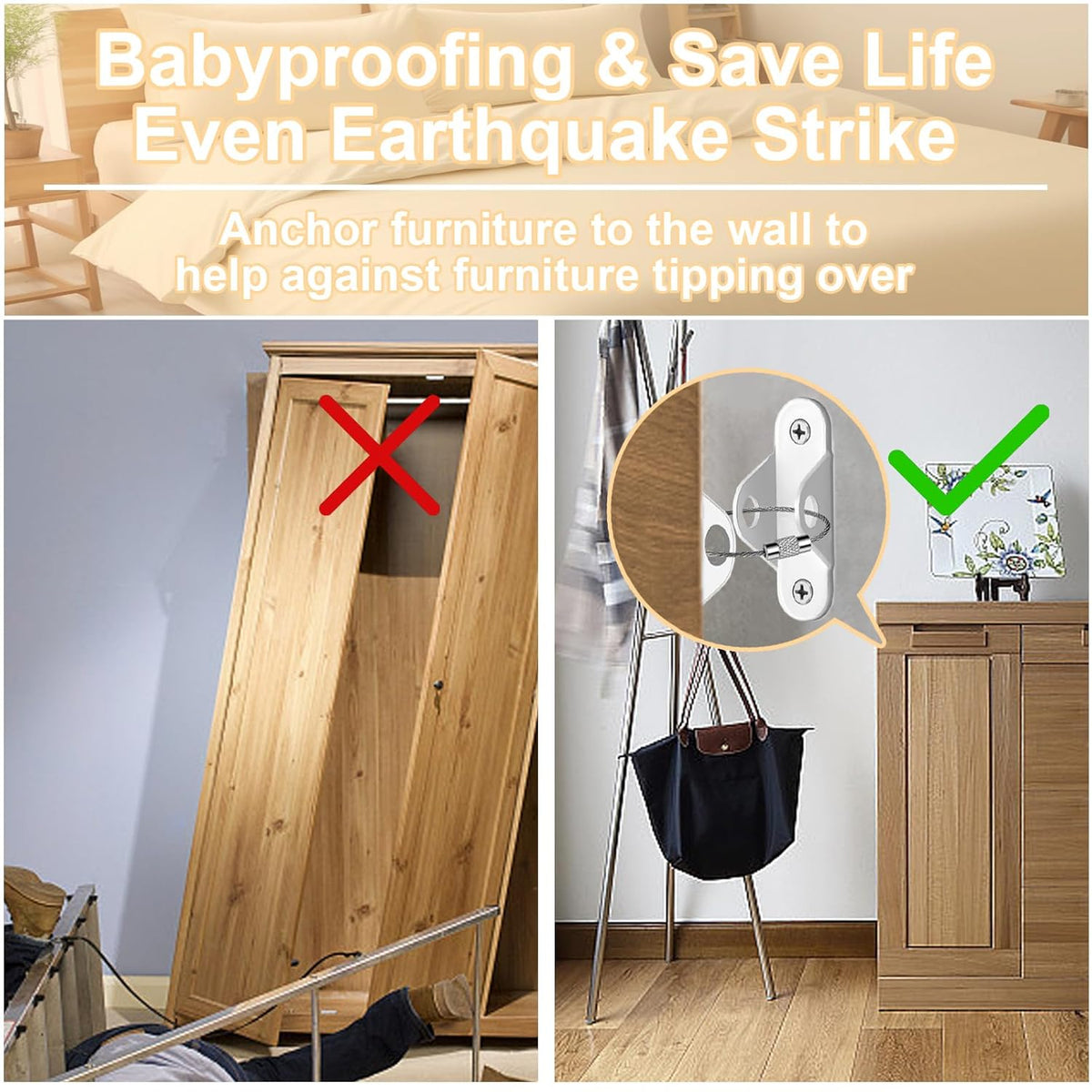 Furniture Anchors (12 Pack) for Baby Proofing & Pet Protecting, Furniture Straps Anti Tip Furniture