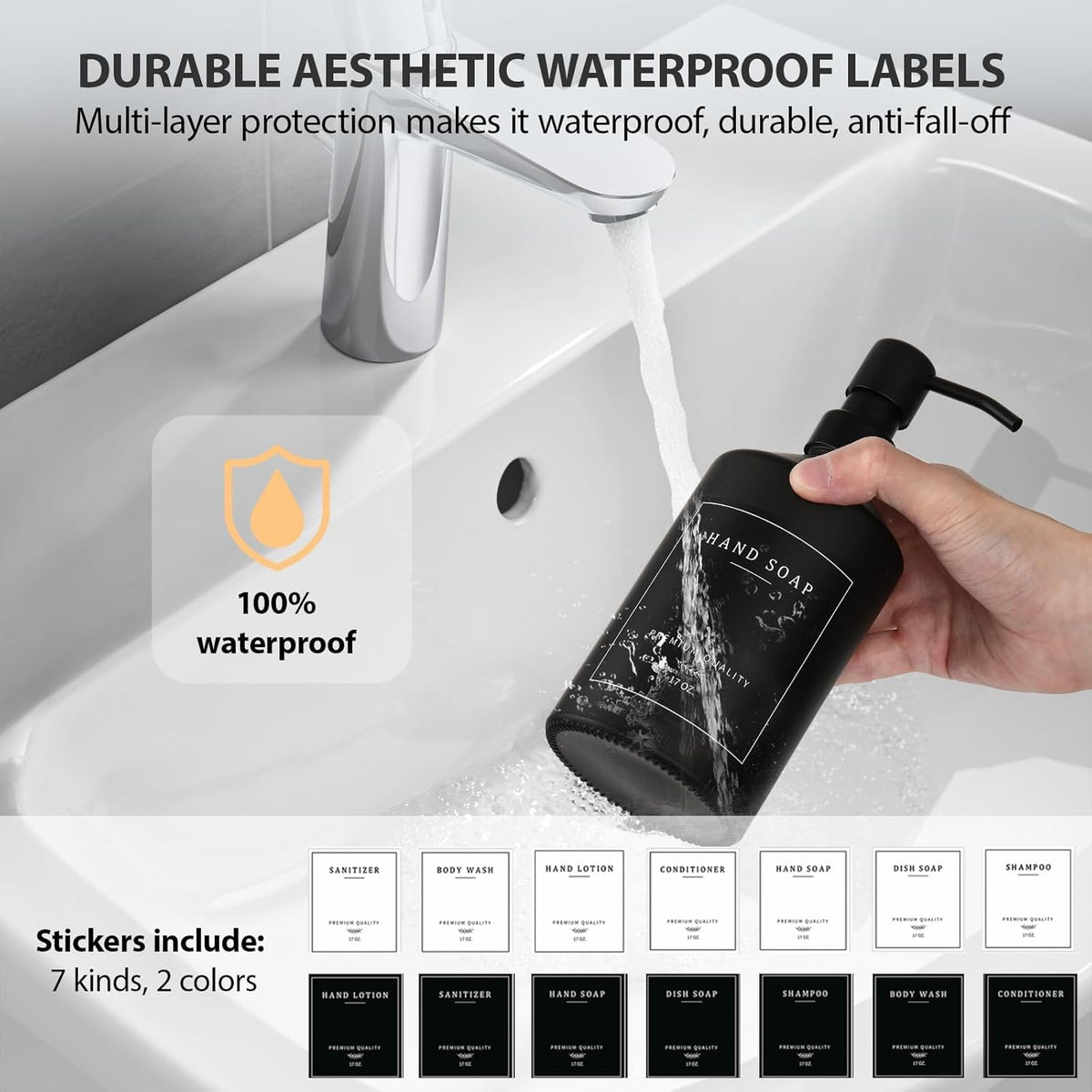 Matte Black Soap Dispenser Set, 17 OZ Hand and Dish Soap Dispenser Set, Bathroom Refillable Soap