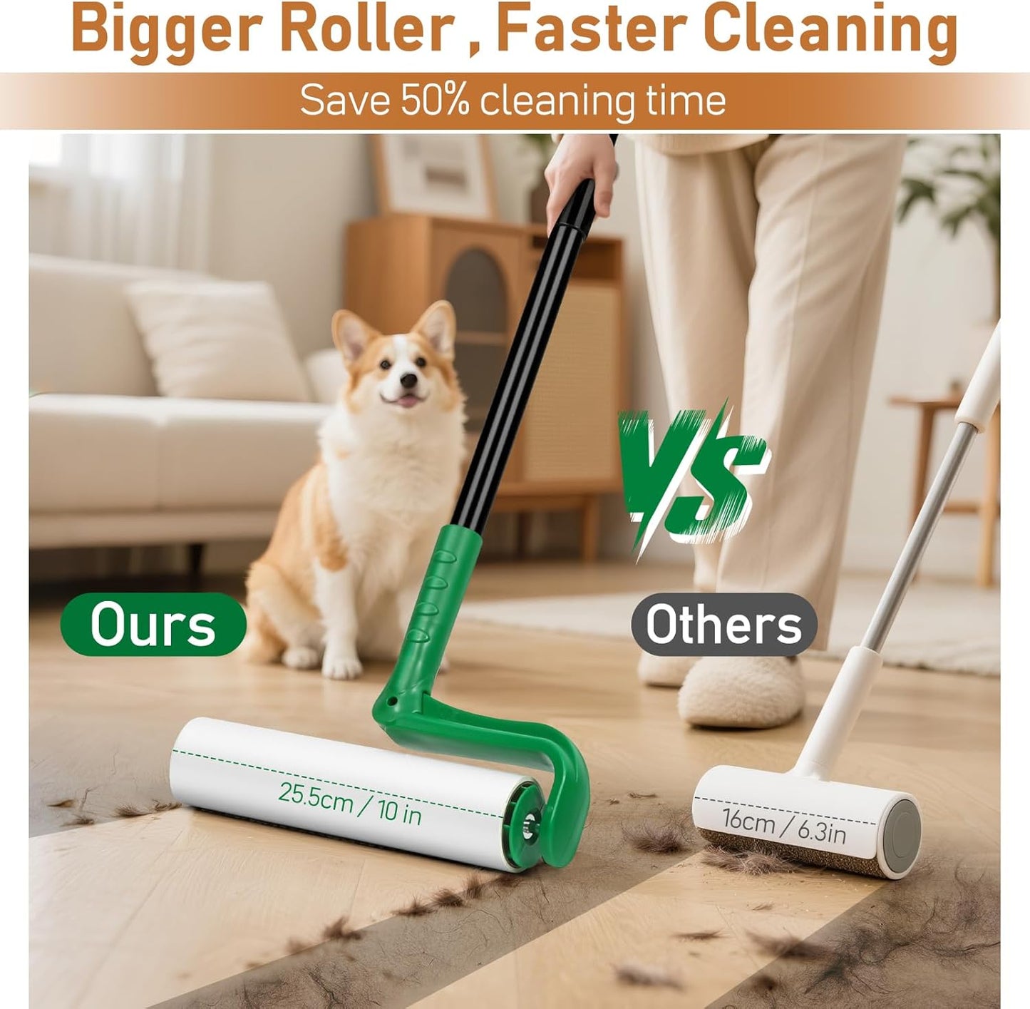 10" Large Lint Roller for Pet Hair Extra Sticky, Long Handle Floor Sticky Rollers with Big Lint