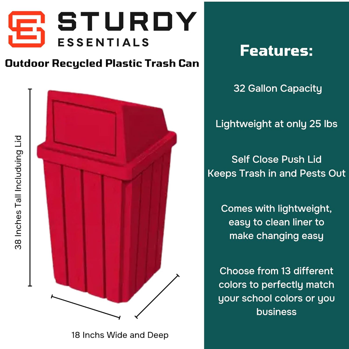 32 Gallon Square Slatted 100% Recycled Plastic Heavy Duty Outdoor Trash Can with Push Top Lid