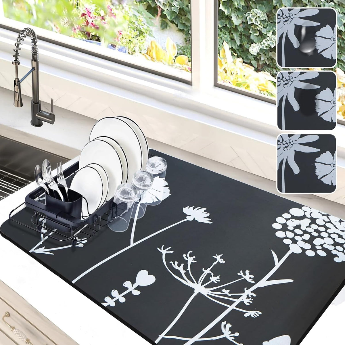 Dish Drying Mat for Kitchen Counter, 16"x24" Dish Drying Pad with Non-slip Rubber Backed, Hide
