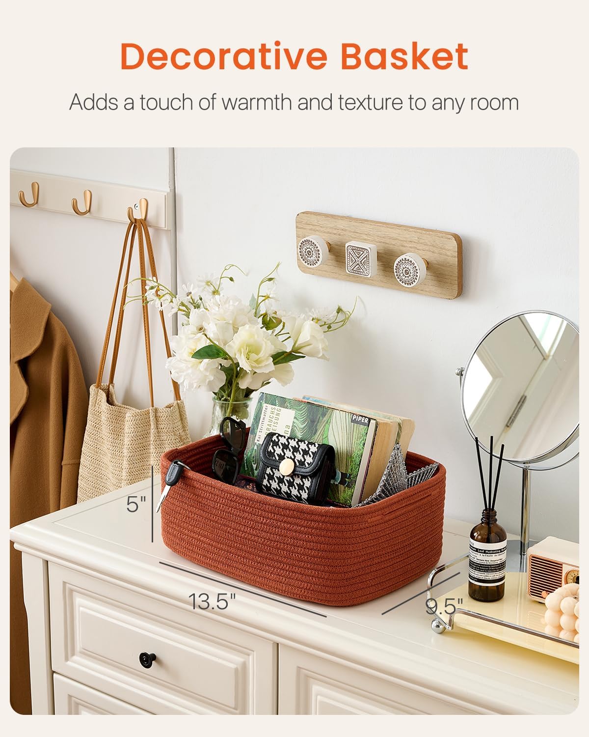 Small Woven Basket, 13.5 x 9.5 x 5 Inches, Storage Basket for Organizing, Cute Small Rope Shelf