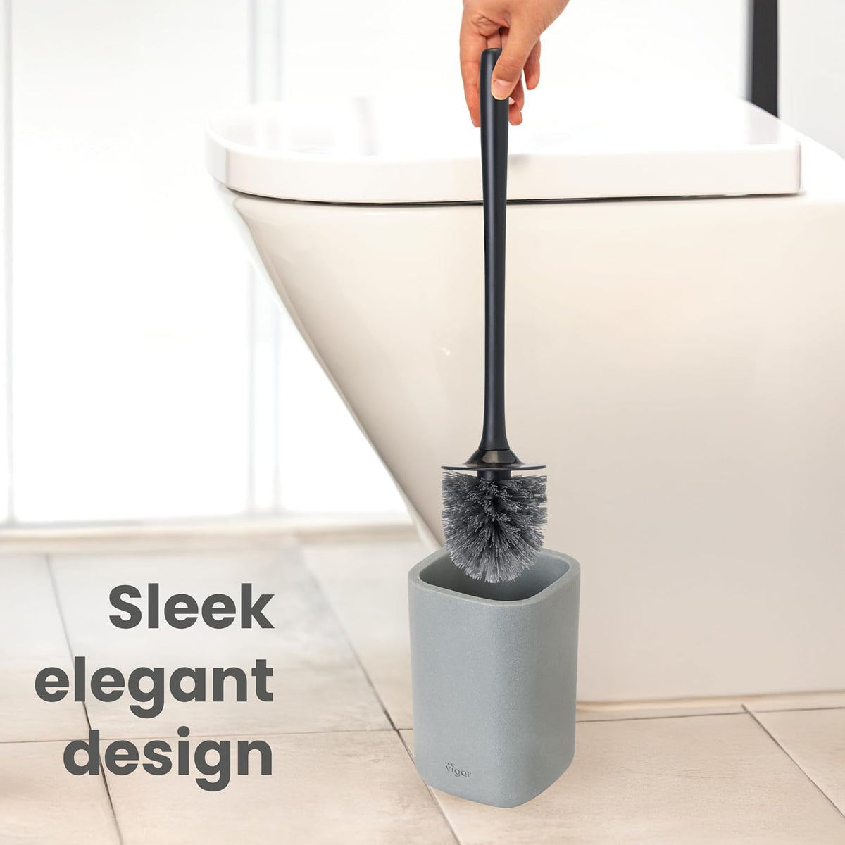 Vigar Zense Toilet Brush and Holder Set, Toilet Bowl Brush with Polyresin Stone Holder, Bathroom