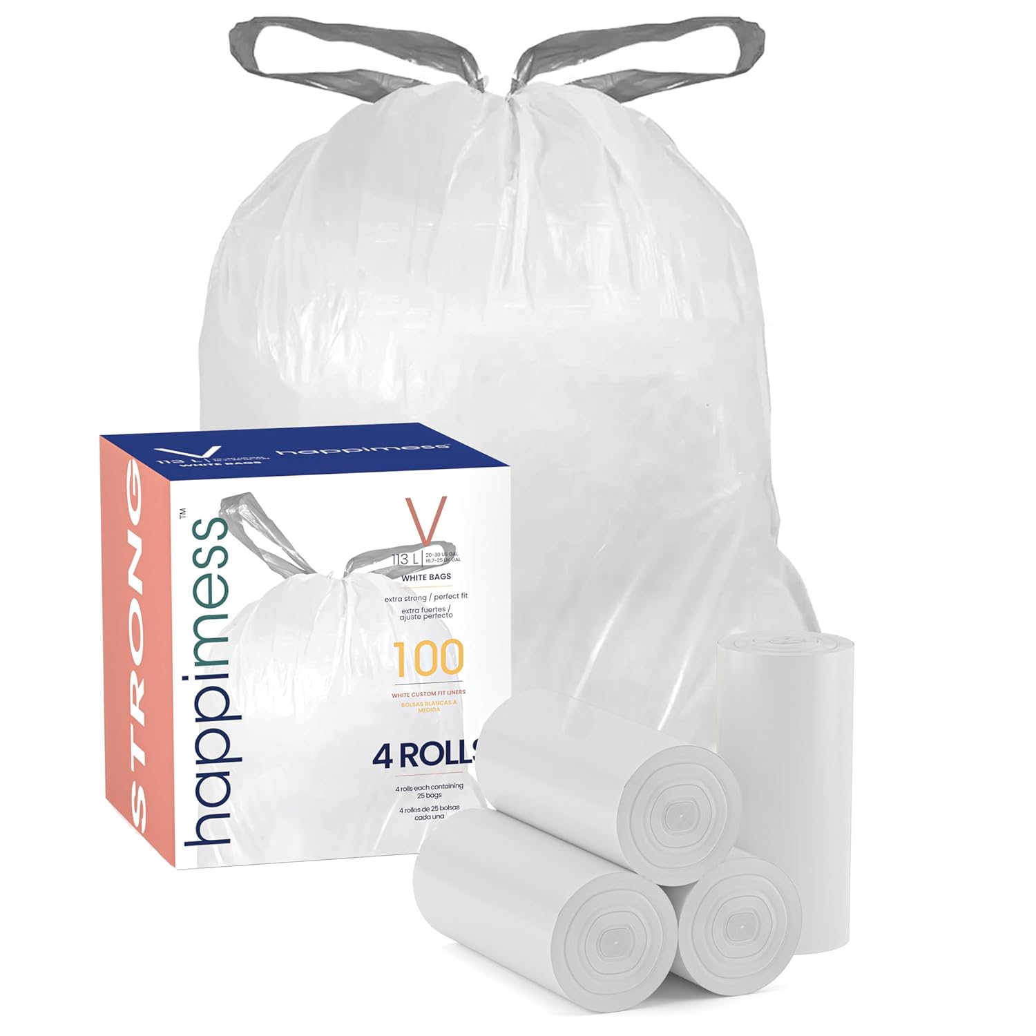 happimess HPM3000V-WHITE 30 Gallon Drawstring Unscented Trash Can Liner for Business Home Kitchen