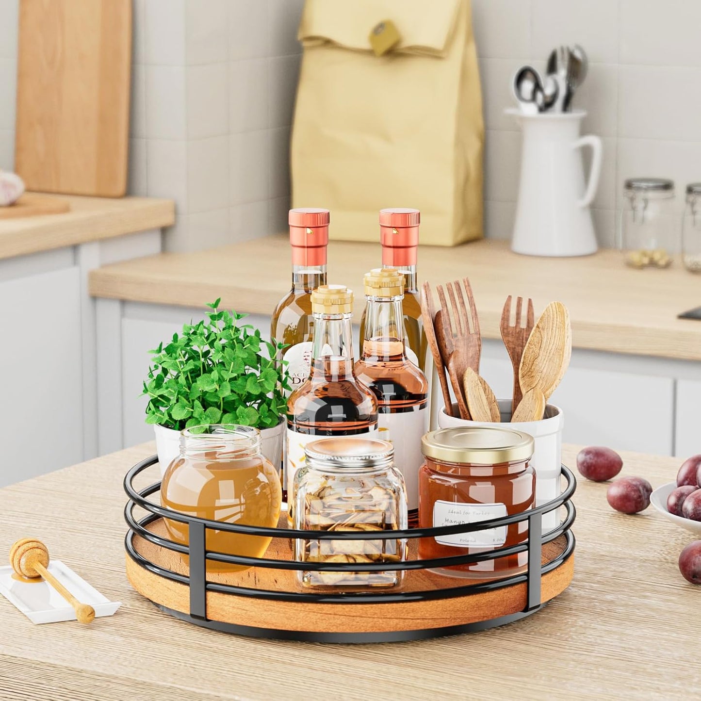 Wood Lazy Susan Turntable Organizer - 11" Round Wooden Lazy Susan for Cabinet Kitchen Countertop