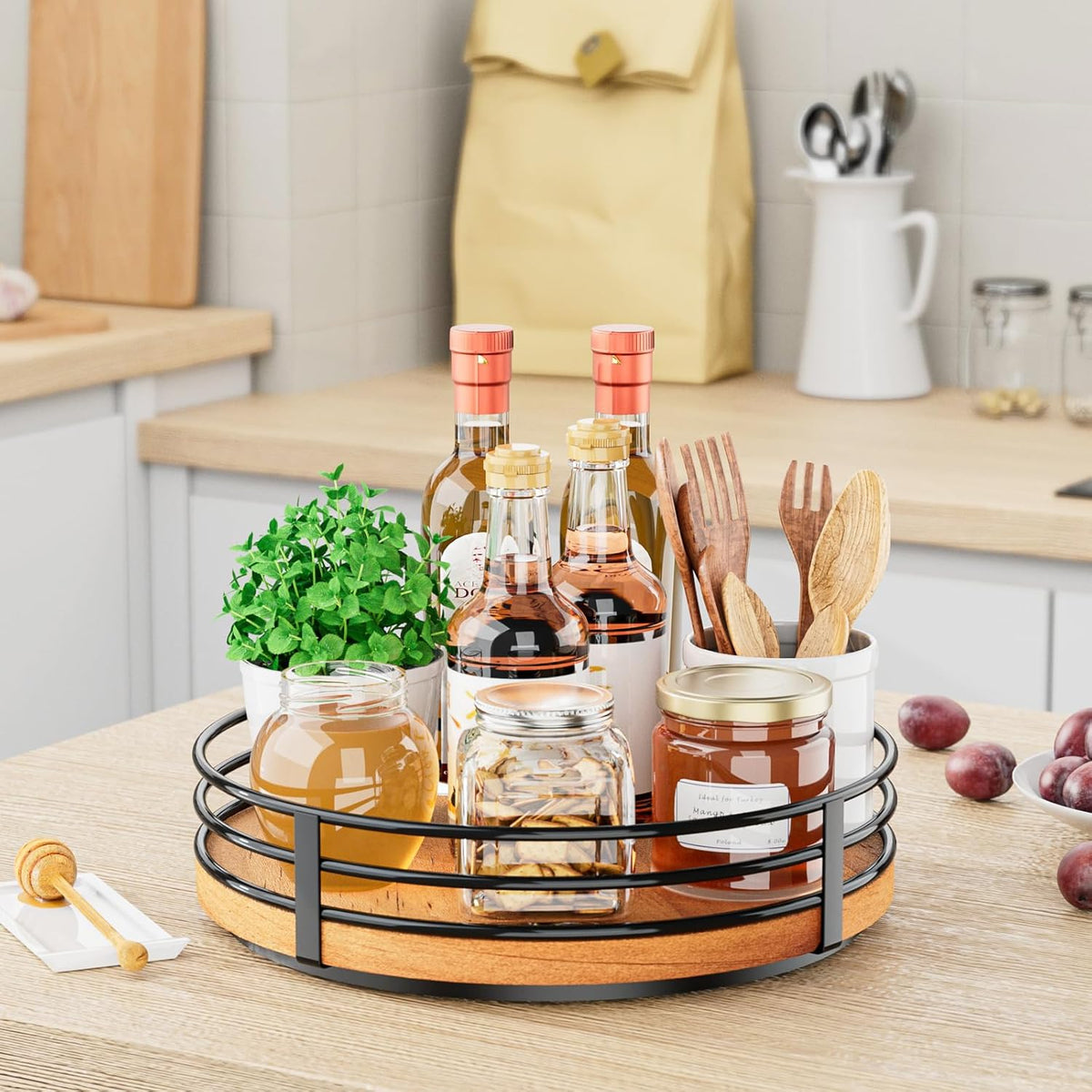 Wood Lazy Susan Turntable Organizer - 11" Round Wooden Lazy Susan for Cabinet Kitchen Countertop