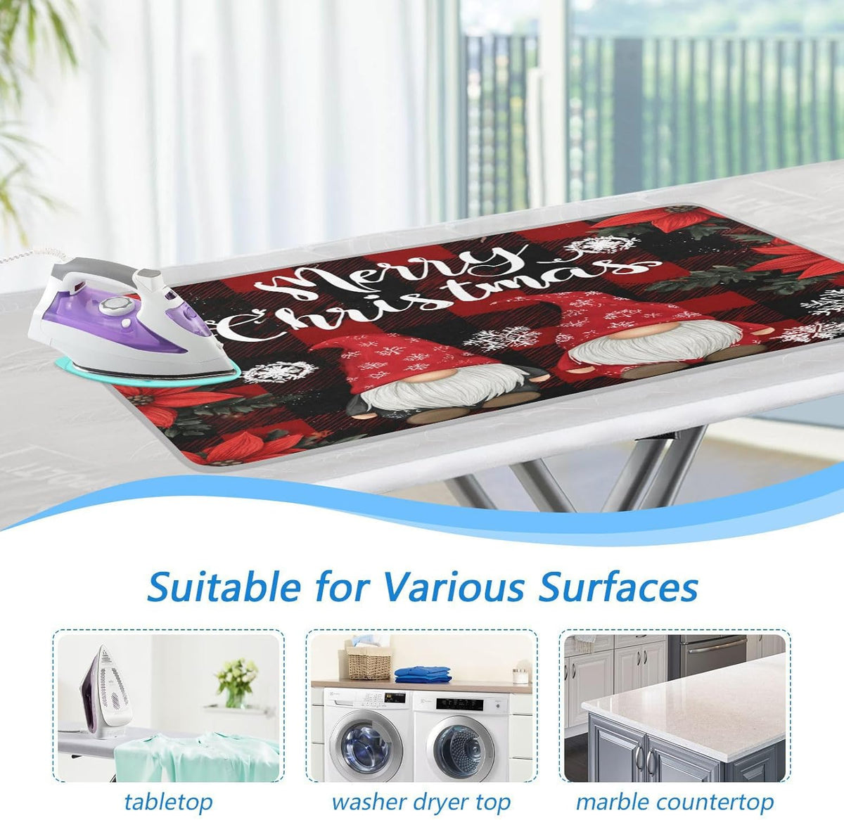 Red and Black Checkered Christmas Gnomes Ironing Mat for Table top Portable Ironing Pad Blanket for