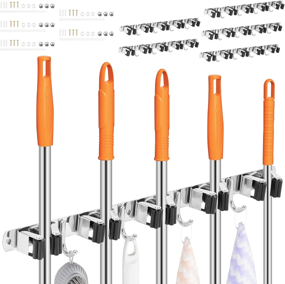 5Pcs 5 Racks 4 Hooks Stainless Steel Broom Mop Holder Anti Slip Wall Mount Broom Storage Rack
