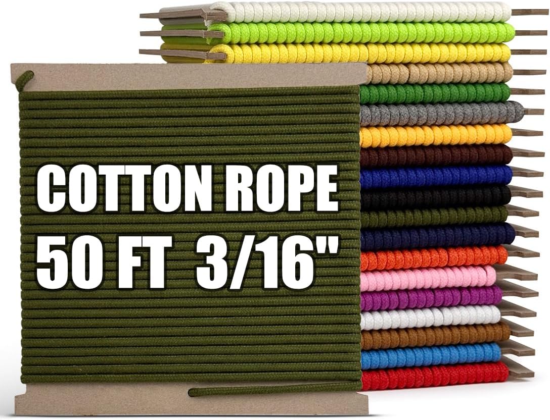 PerkHomy Cotton Rope 3/16" (5mm) 50 ft Multi Purpose Utility Diamond Braided Cord, Natural Cotton