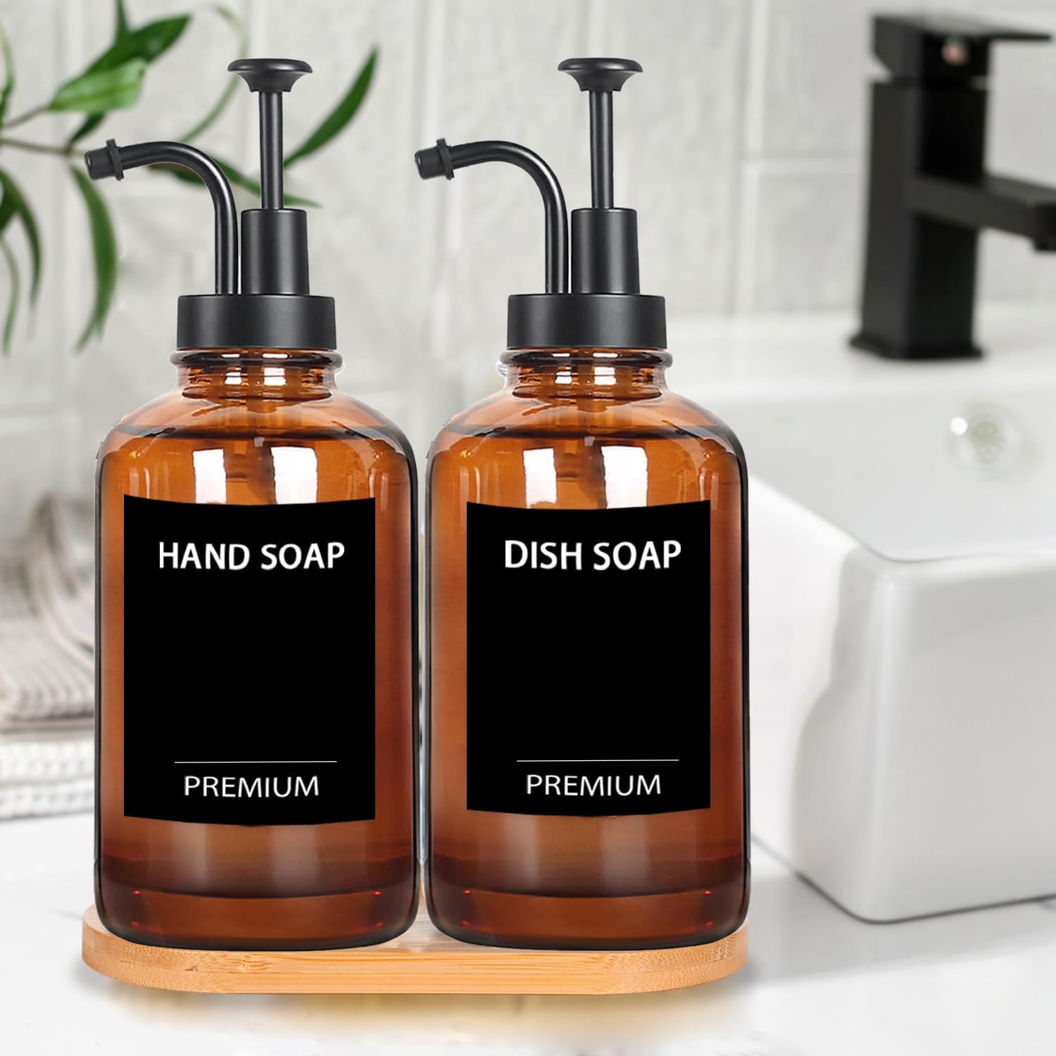 Amber 18 Oz Dish Soap Dispenser for Kitchen, Ultra-Thick Glass Soap Dispenser Set with Tray, Pump