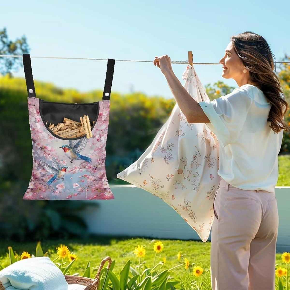 Hummingbird Clothespin Bag with Hanging Hook Cherry Blossom Clothes Pin Holder Waterproof