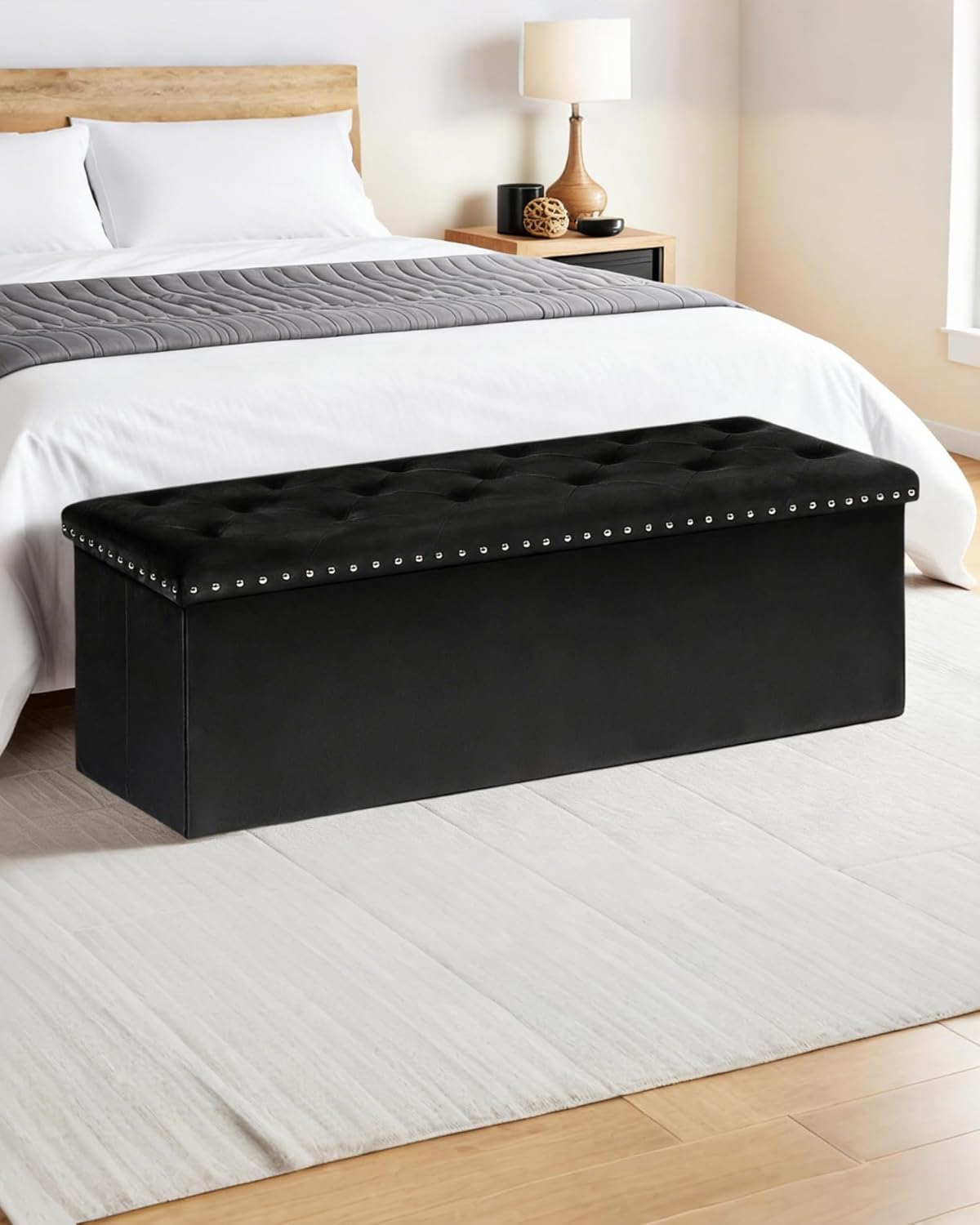 Velvet Storage Ottoman Bench, 43.3" Folding Ottoman with Rivet Trim, Heavy-Duty Upholstered