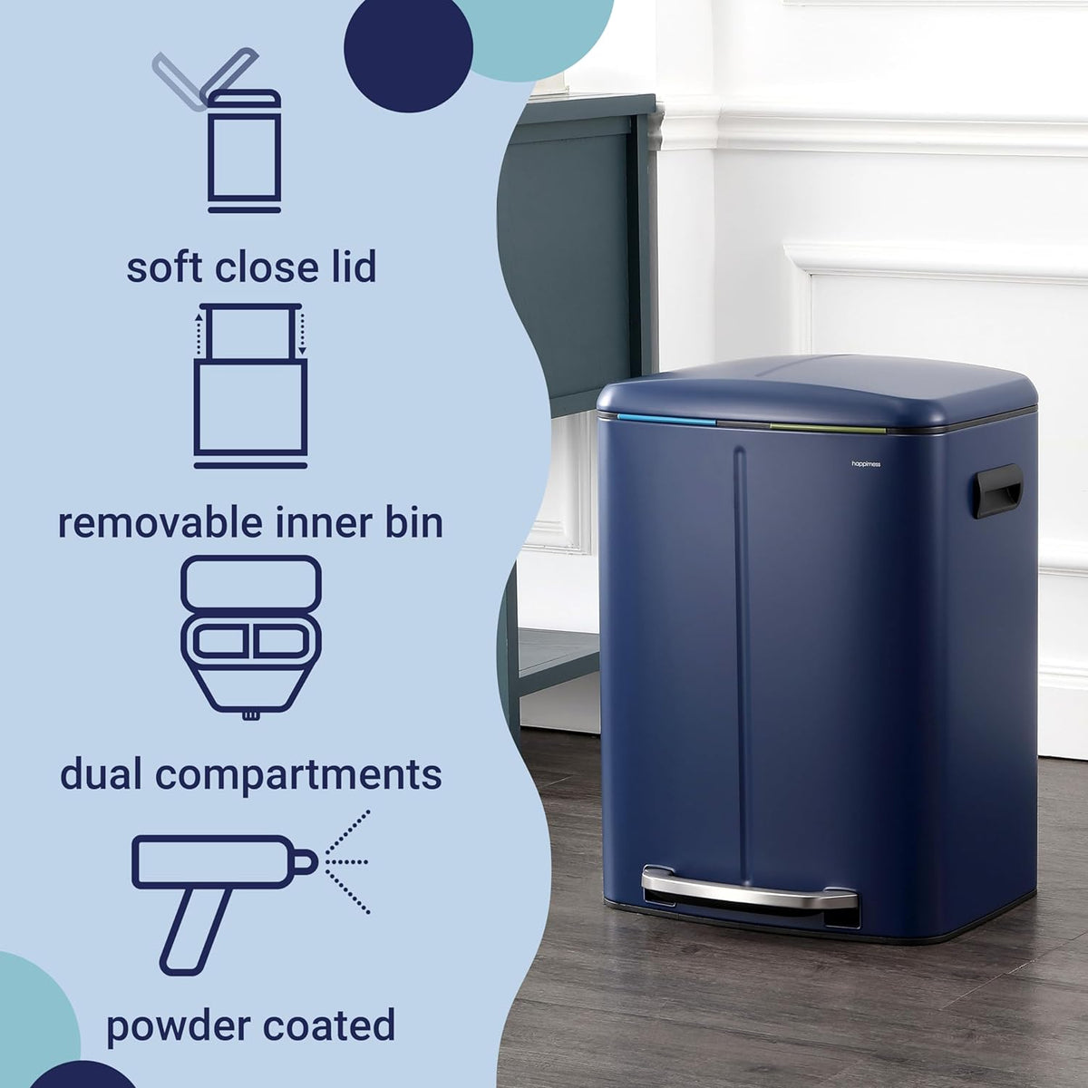happimess HPM1005J Marco Rectangular 10.6-Gallon Double Bucket Trash Can with Soft-Close Lid, Denim
