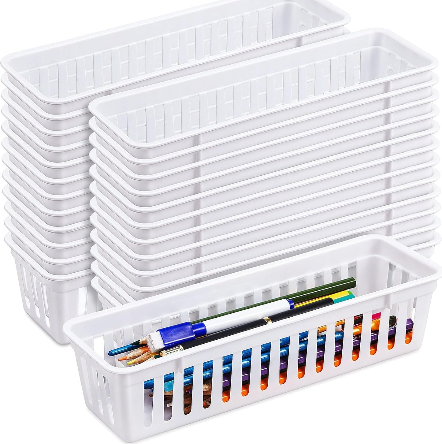 Domensi 24 Pcs Slim Plastic Storage Baskets Tray for Organizing 10.25 x 3.25 x 2.5 Inch Small