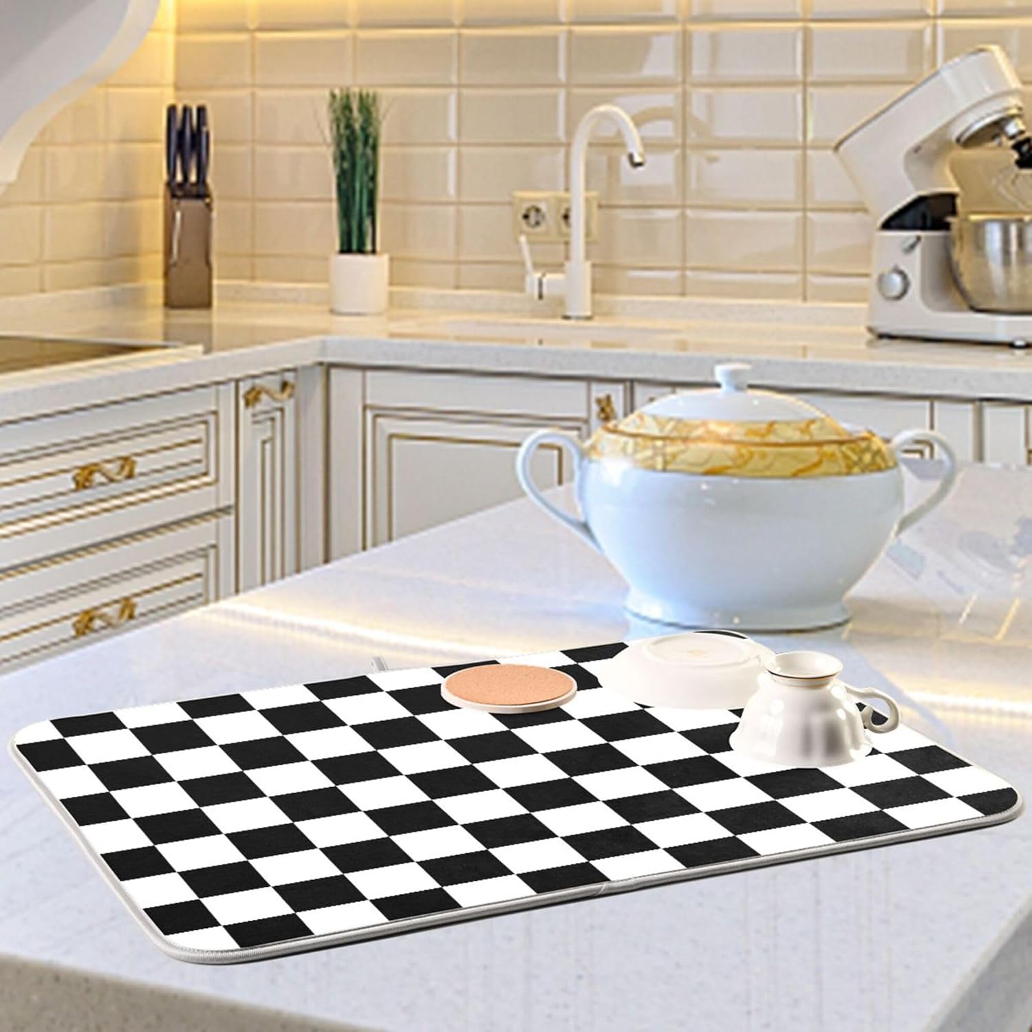 Black White Chessboard Dish Drying Mat for Kitchen Countertop 16x18 Plaid Checkered Rectangle Small