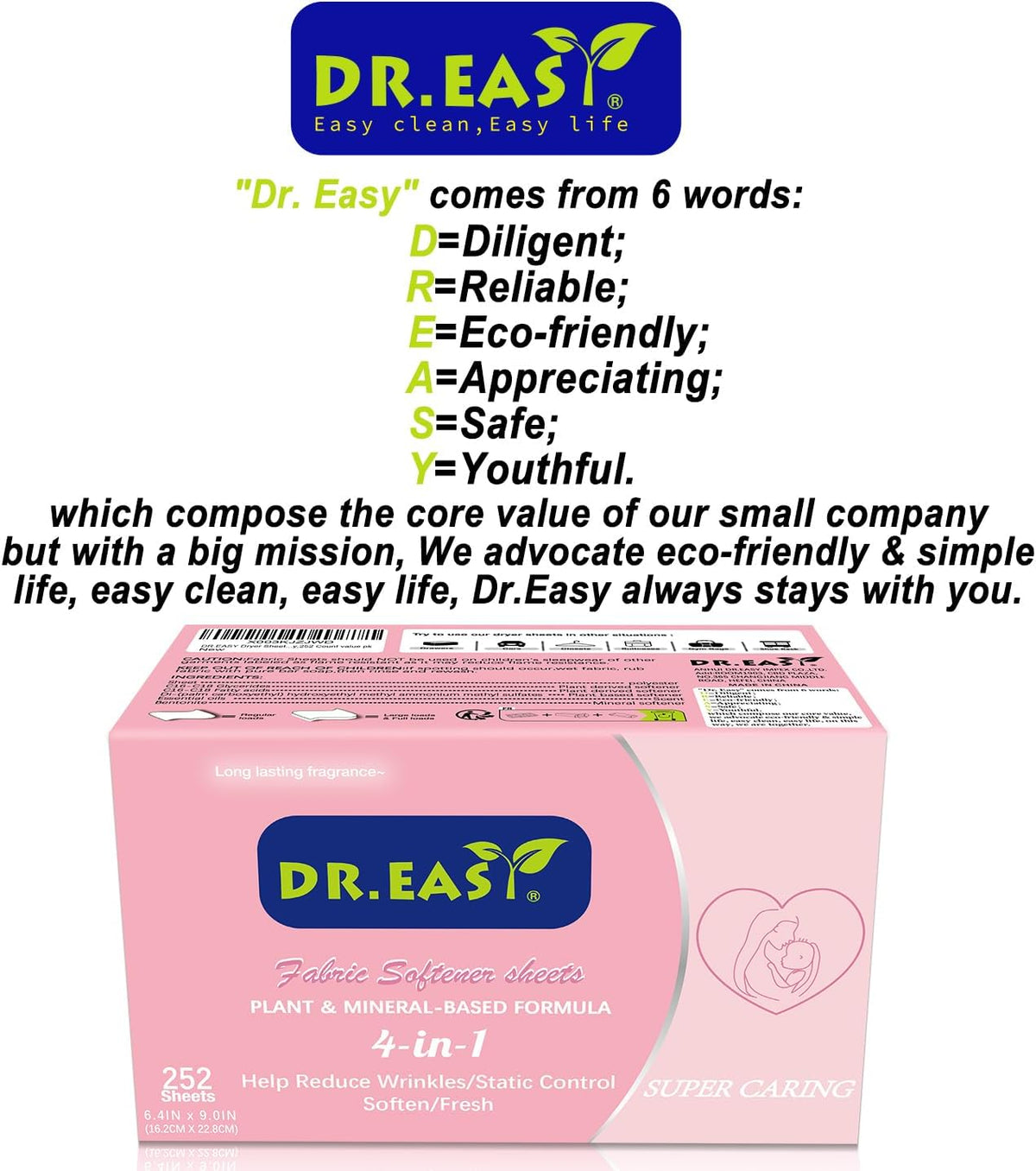 DR.EASY Dryer Sheets Plant Based Formula 252 Ct Super Caring,Softener sheets for Laundry Unscented