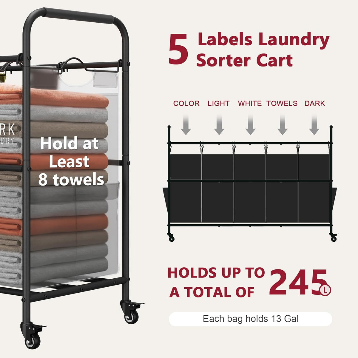 Tajsoon 5 Bag Laundry Sorter Cart, 5 Section Laundry Hamper with Heavy Duty Rolling Lockable