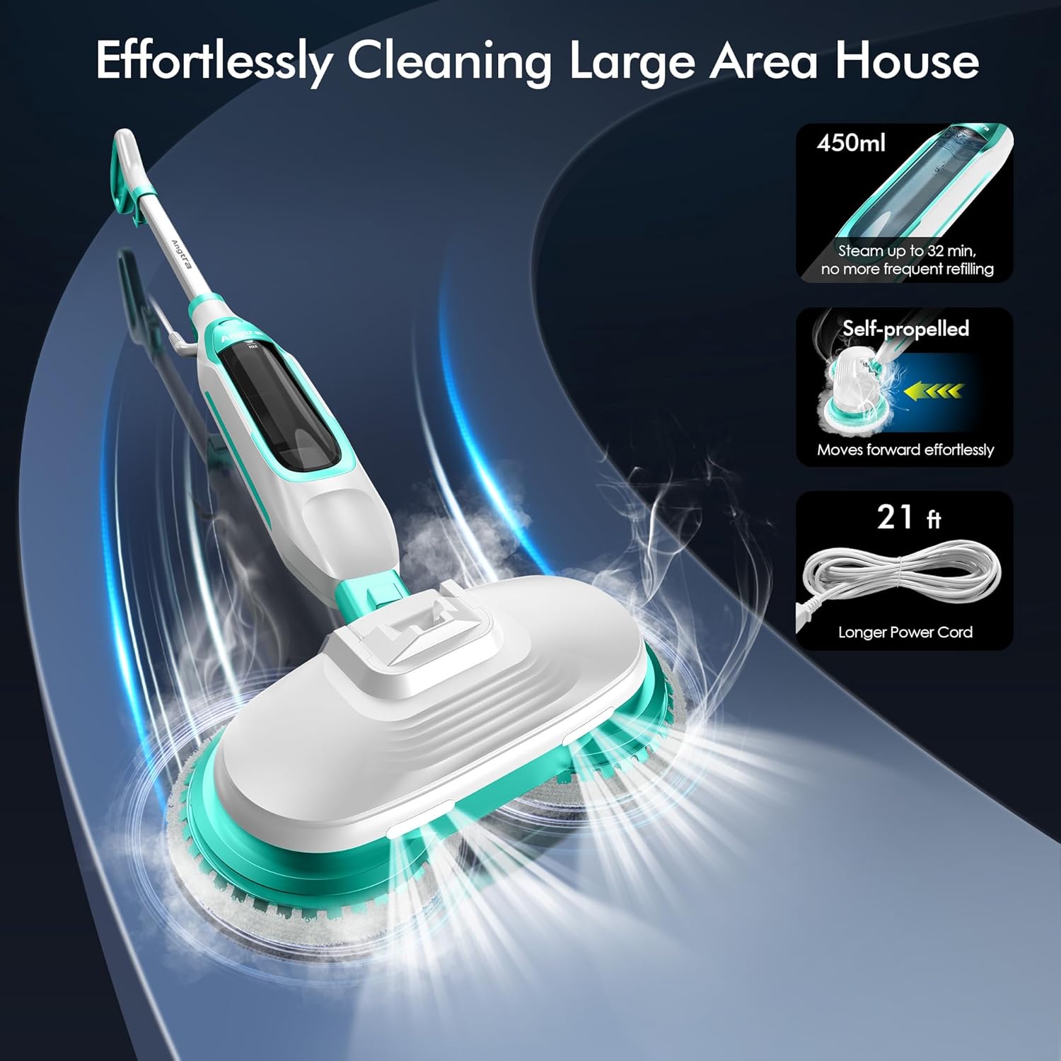 Scrubbing Steam Mop with Rotating Mop Pads, All-in-One Hard Floor Cleaner with LED Headlights
