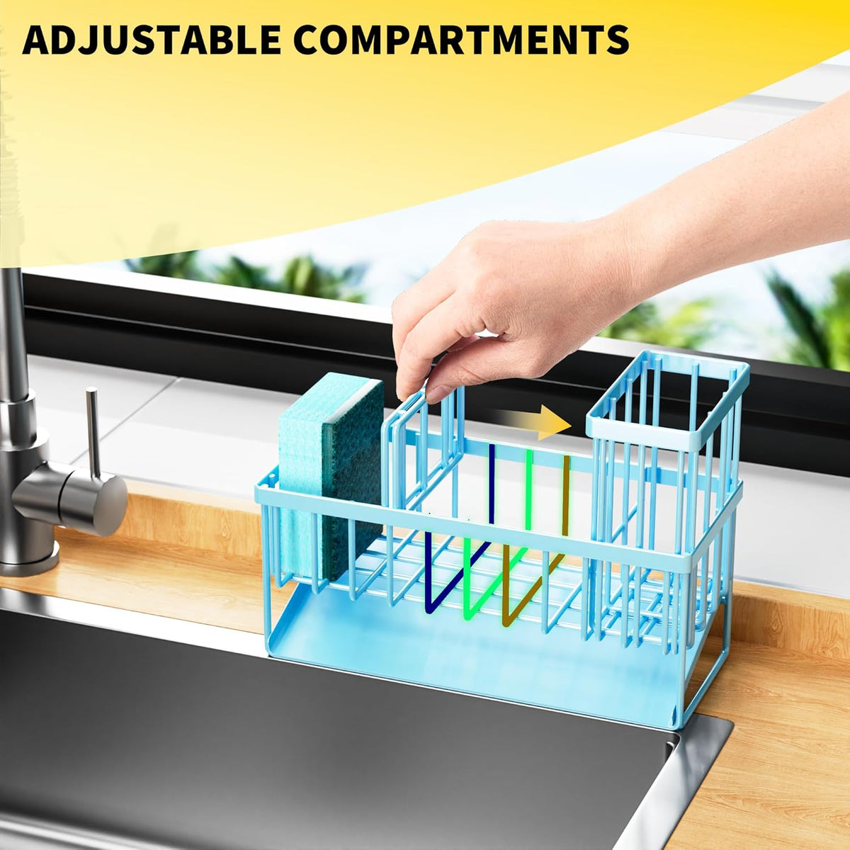 Cisily Blue Kitchen Sink Caddy Organzier with High Brush Holder, Sponge Holder for Sink, 304