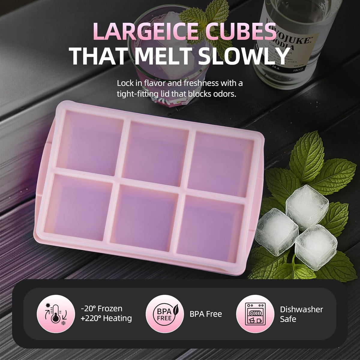 Large Ice Cube Trays for Whiskey (2 Pack) - Silicone Ice Cube Molds with Steel Frame Reinforcement