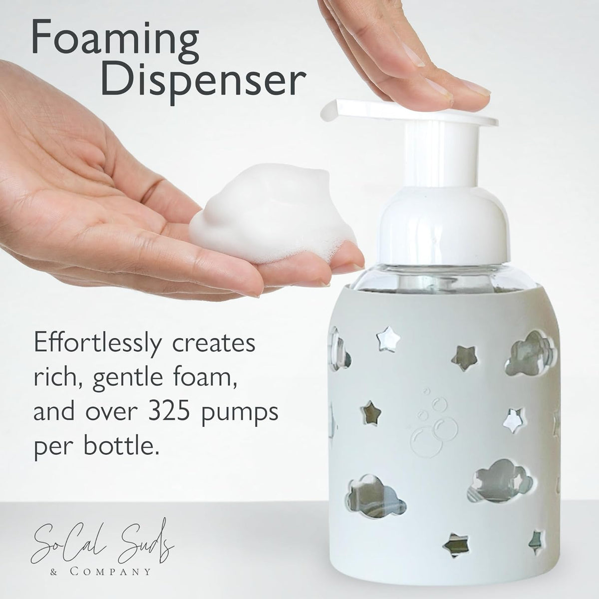 SoCal Suds & Company Glass Foaming Hand Soap Dispenser, Soft Grip Silicone Sleeve, Refillable Pump