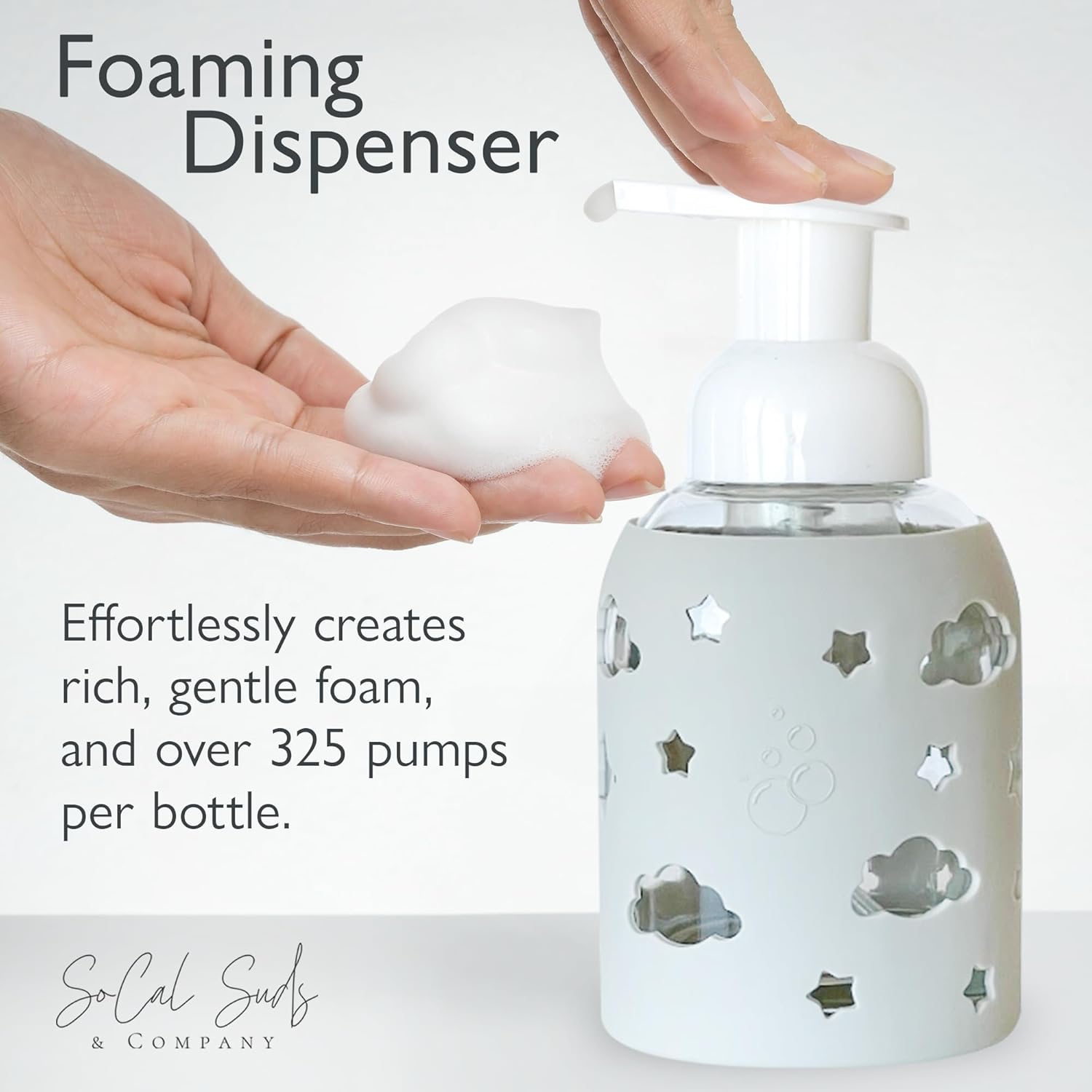 SoCal Suds & Company Glass Foaming Hand Soap Dispenser, Soft Grip Silicone Sleeve, Refillable Pump