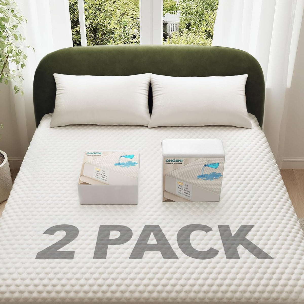 OhGeni 100% Waterproof Mattress Protector, Fitted Sheet,Full -2 Pack with Stretchable Pockets, Deep