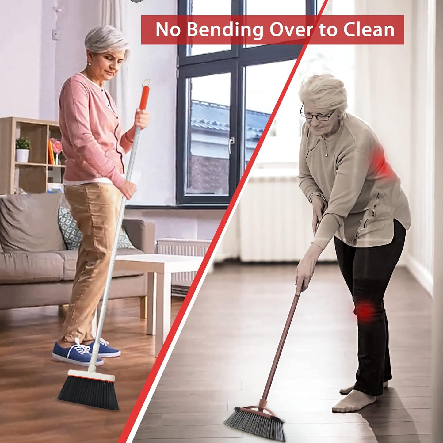 JEHONN Broom and Dustpan Set for Home, Long Handle Lightweight 180 Degree Rotating Broom Set