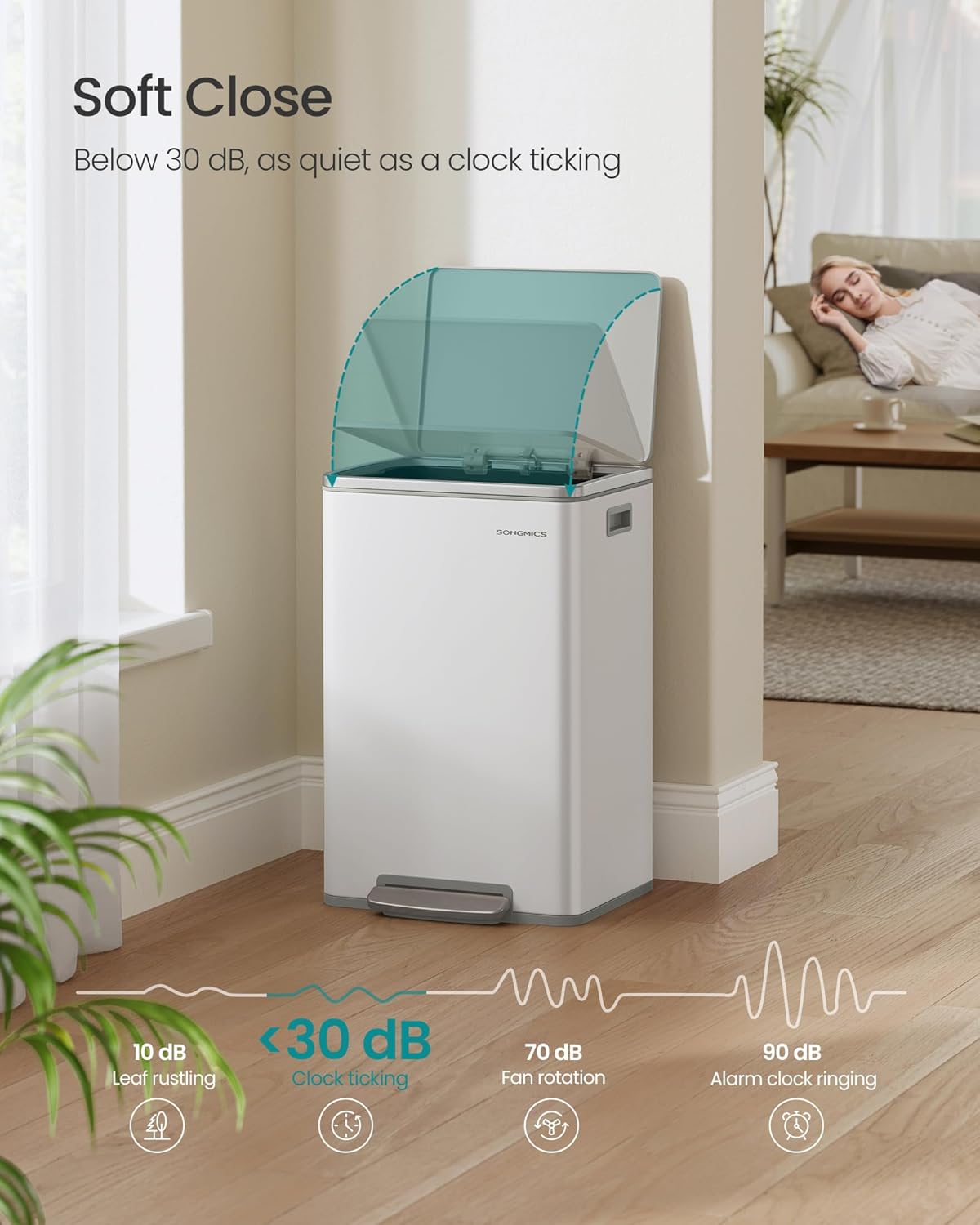 SONGMICS Trash Can, 13-Gallon Gabbage Can, with 15 Trash Bags, Steel, with Soft-Close Lid