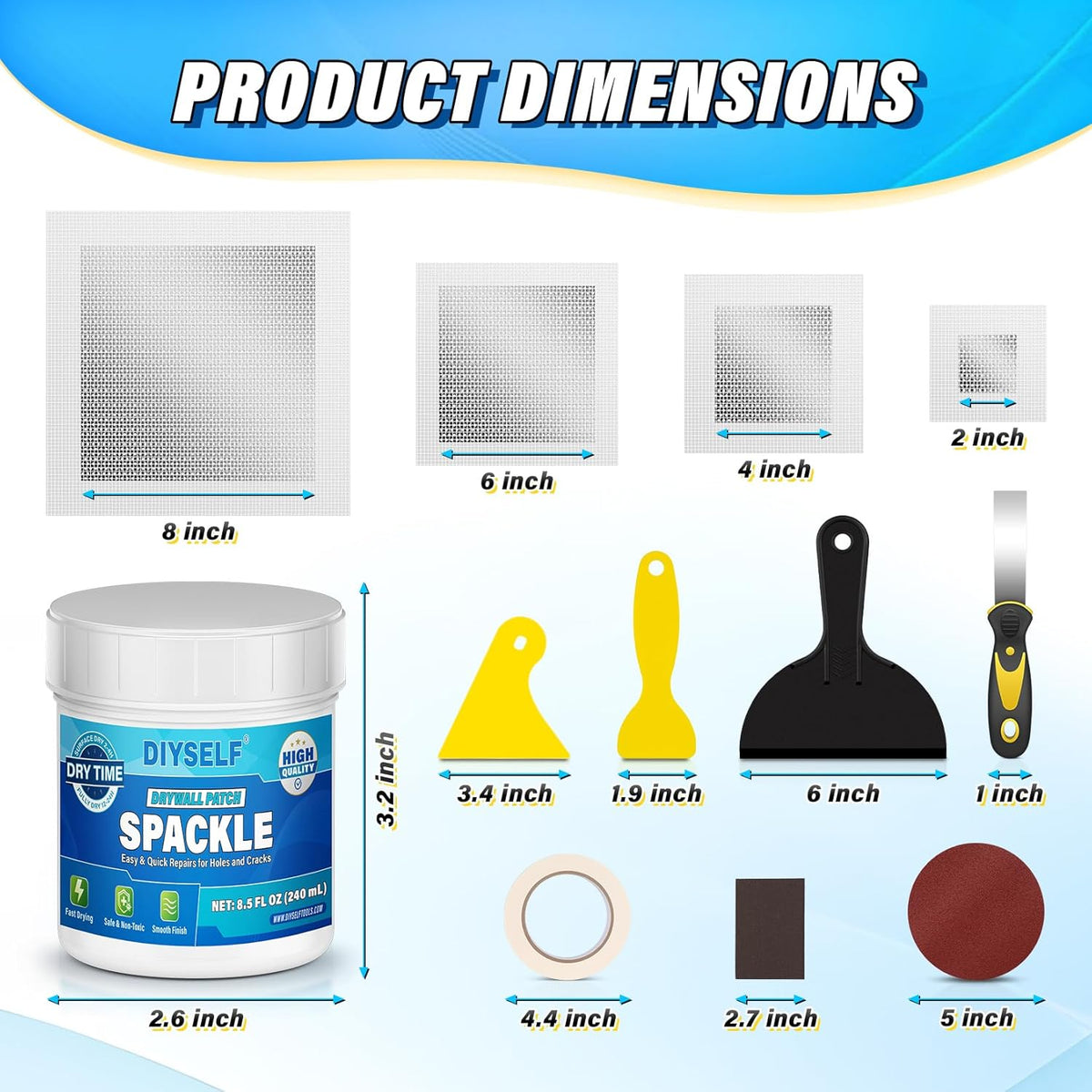 DIYSELF 16 Pieces Drywall Repair Kit Spackle Wall Repair Drywall Patch Kit Wall Patch Repair Kit