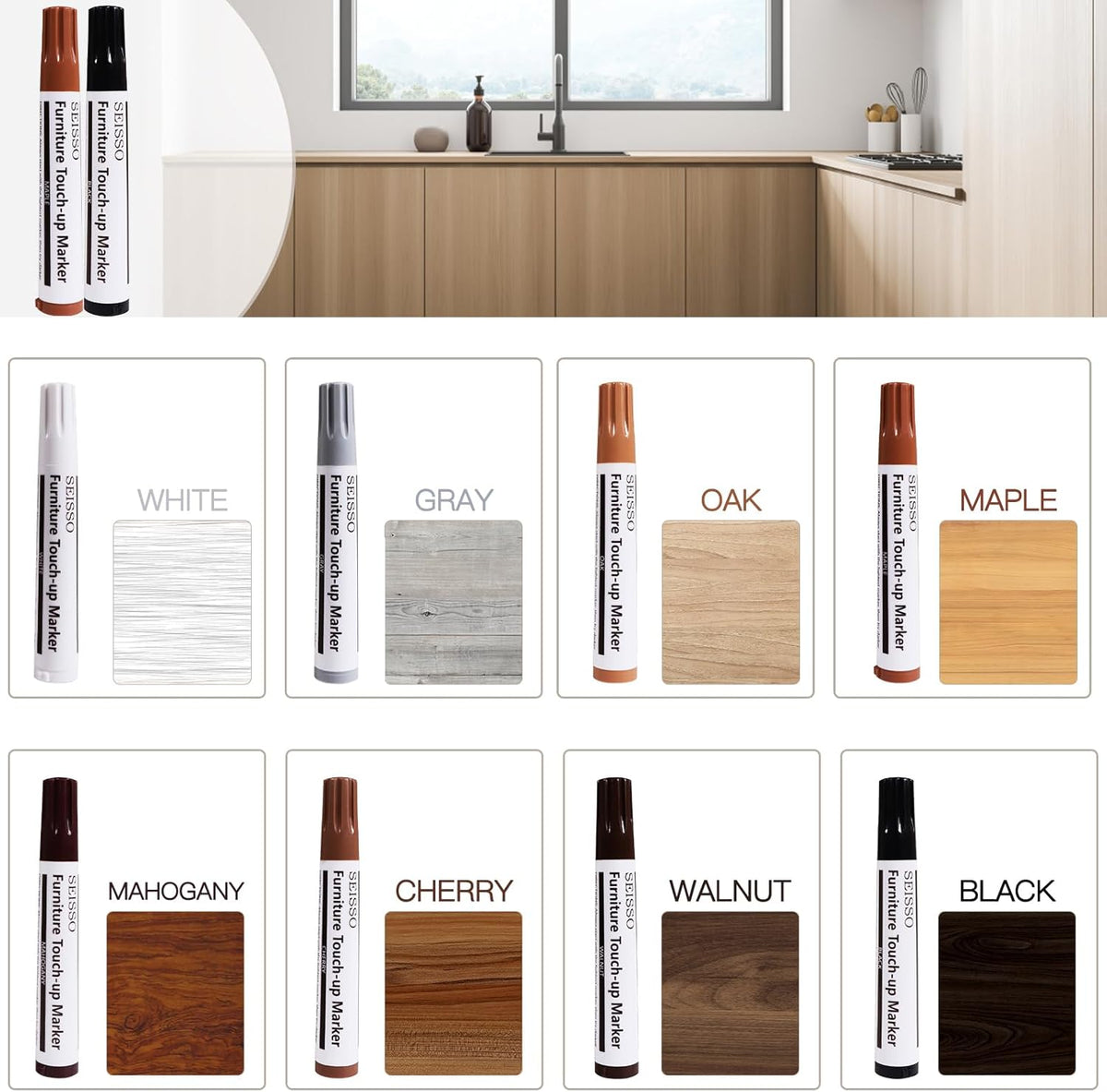 Wood Furniture Repair Kit- 8 Colors Wood Fillers and Touch Up Markers, New Upgrade Wood Repair Kit