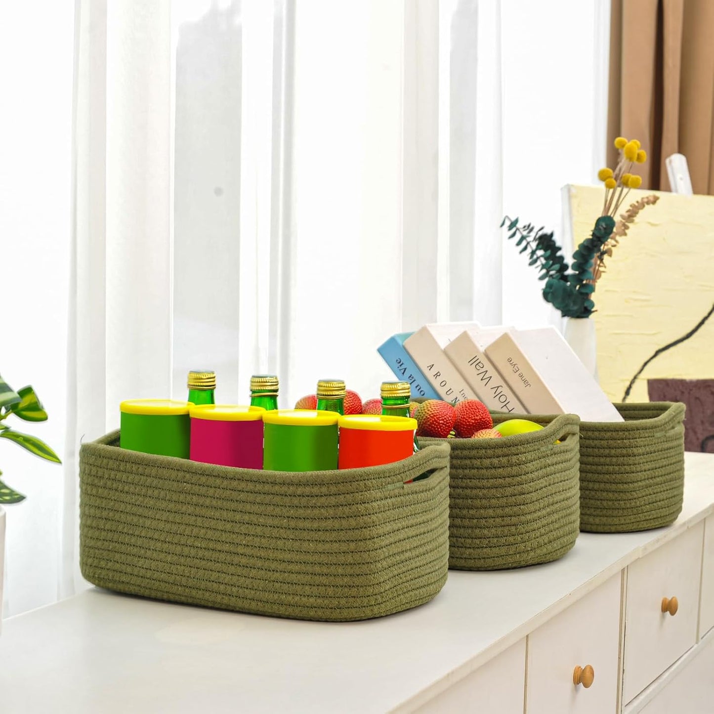 Small Green Storage Baskets for Organizing Shelves, Cute Woven Baskets for Storage, Organizer