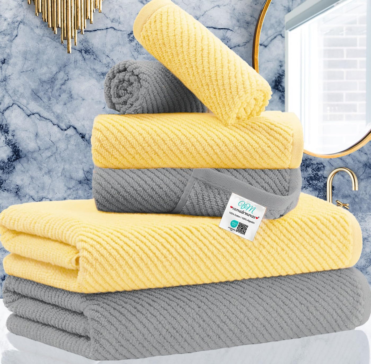 VOOVA & MOVAS Towels for Bathroom, Bath Towels with Hanging Loop - 100% Cotton | Soft | Quick Dry |