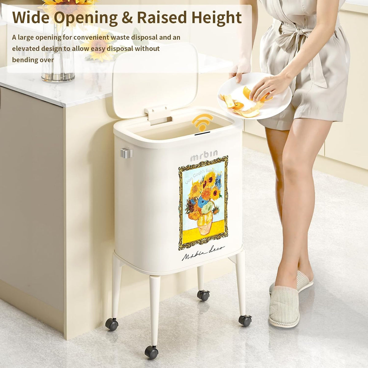 MRBIN Metal Motion Sensor Kitchen Trash Can with Wheel Legs, 36L / 9.5gal Medium Press Lid Slim